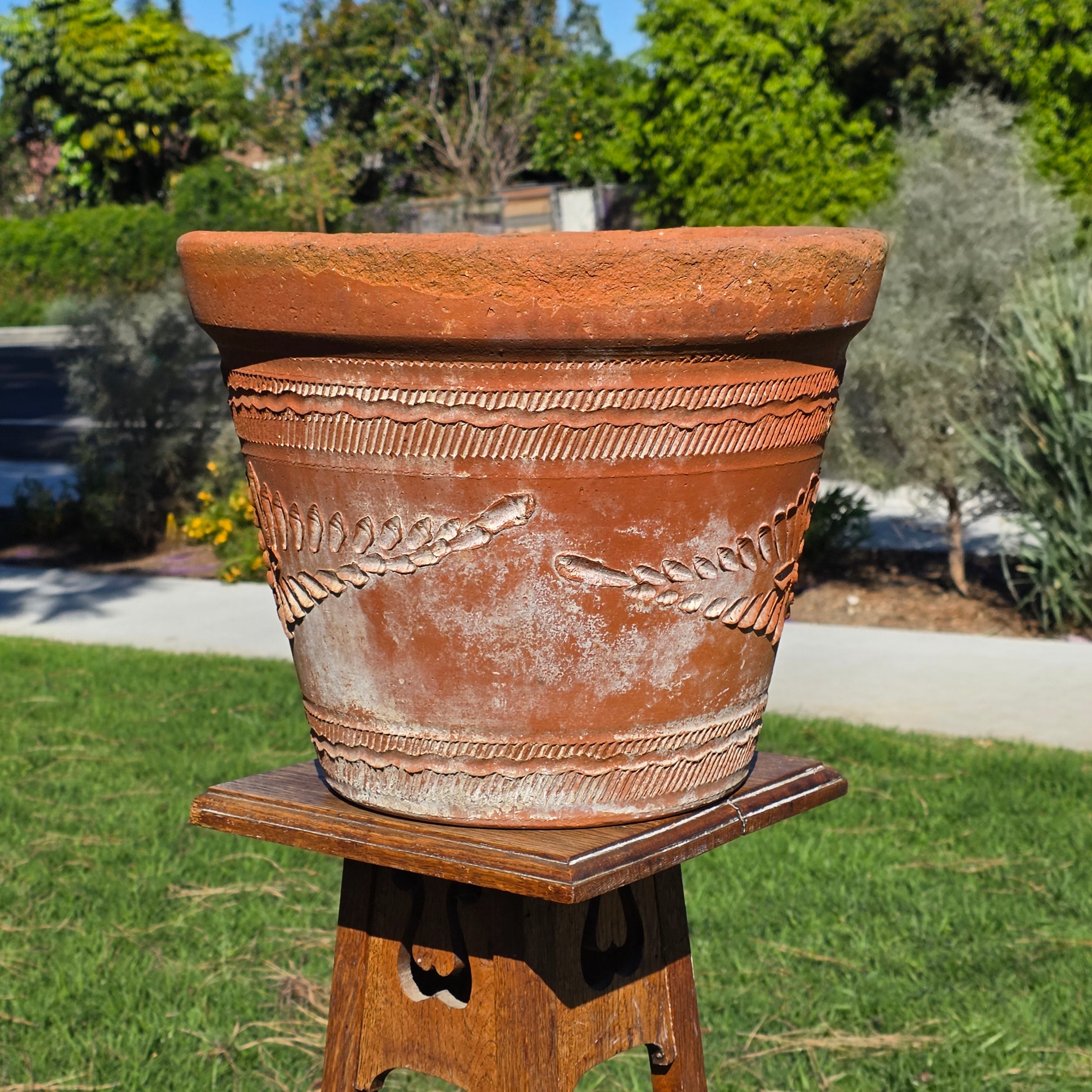 Vintage Mexican Terracotta Planter Large 15" Boho Sun Flower Relief Garden Pot