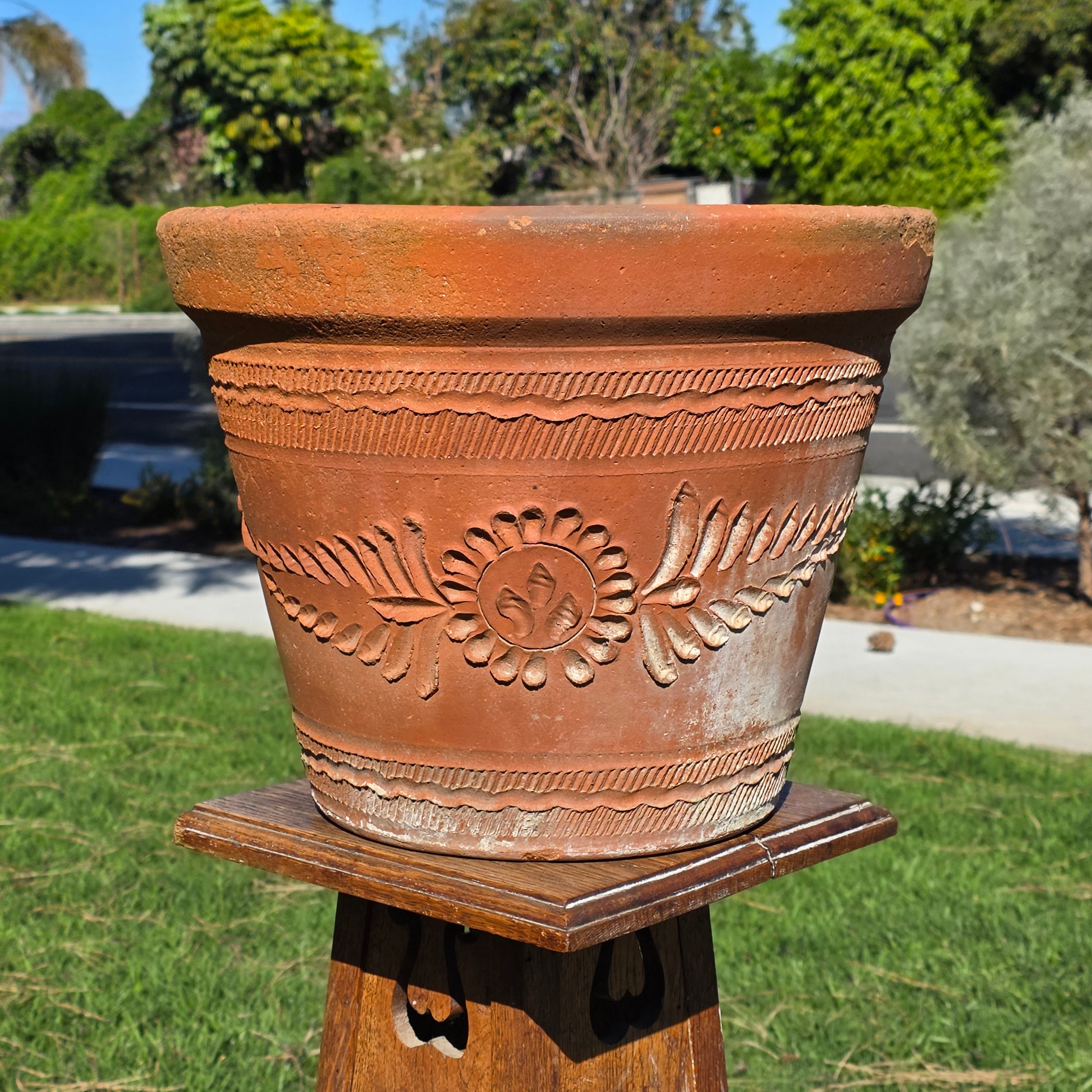 Vintage Mexican Terracotta Planter Large 15" Boho Sun Flower Relief Garden Pot