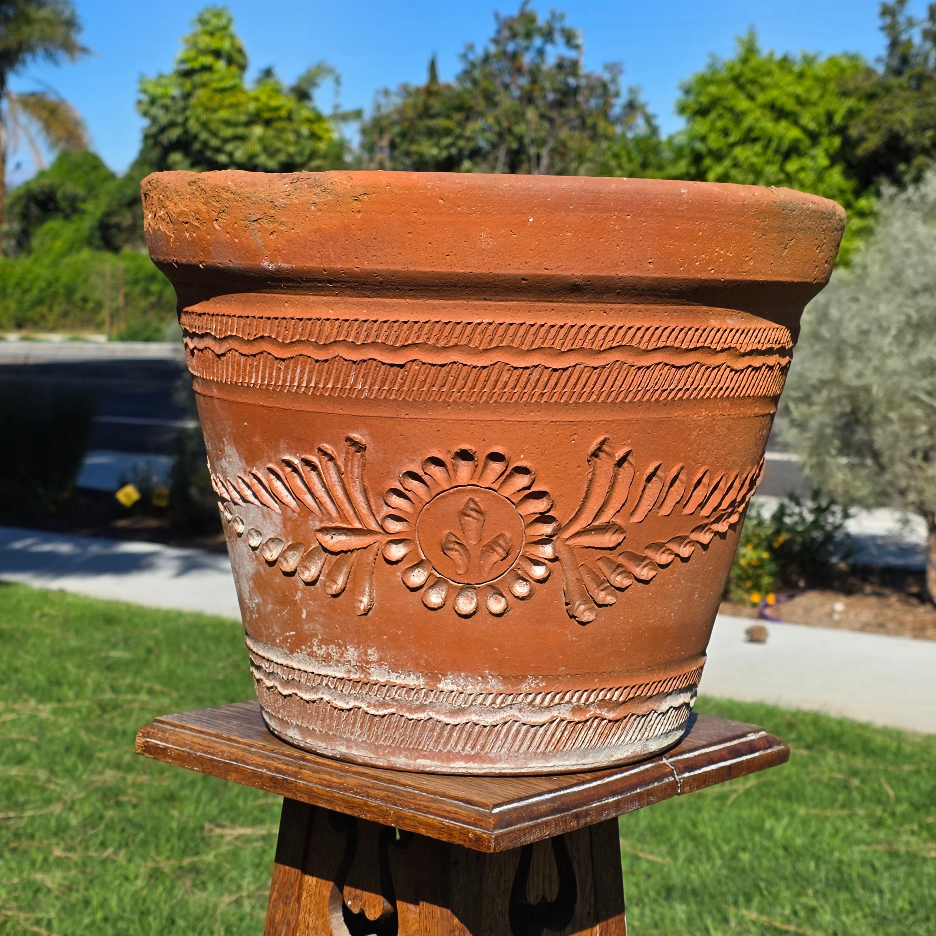 Vintage Mexican Terracotta Planter Large 15" Boho Sun Flower Relief Garden Pot