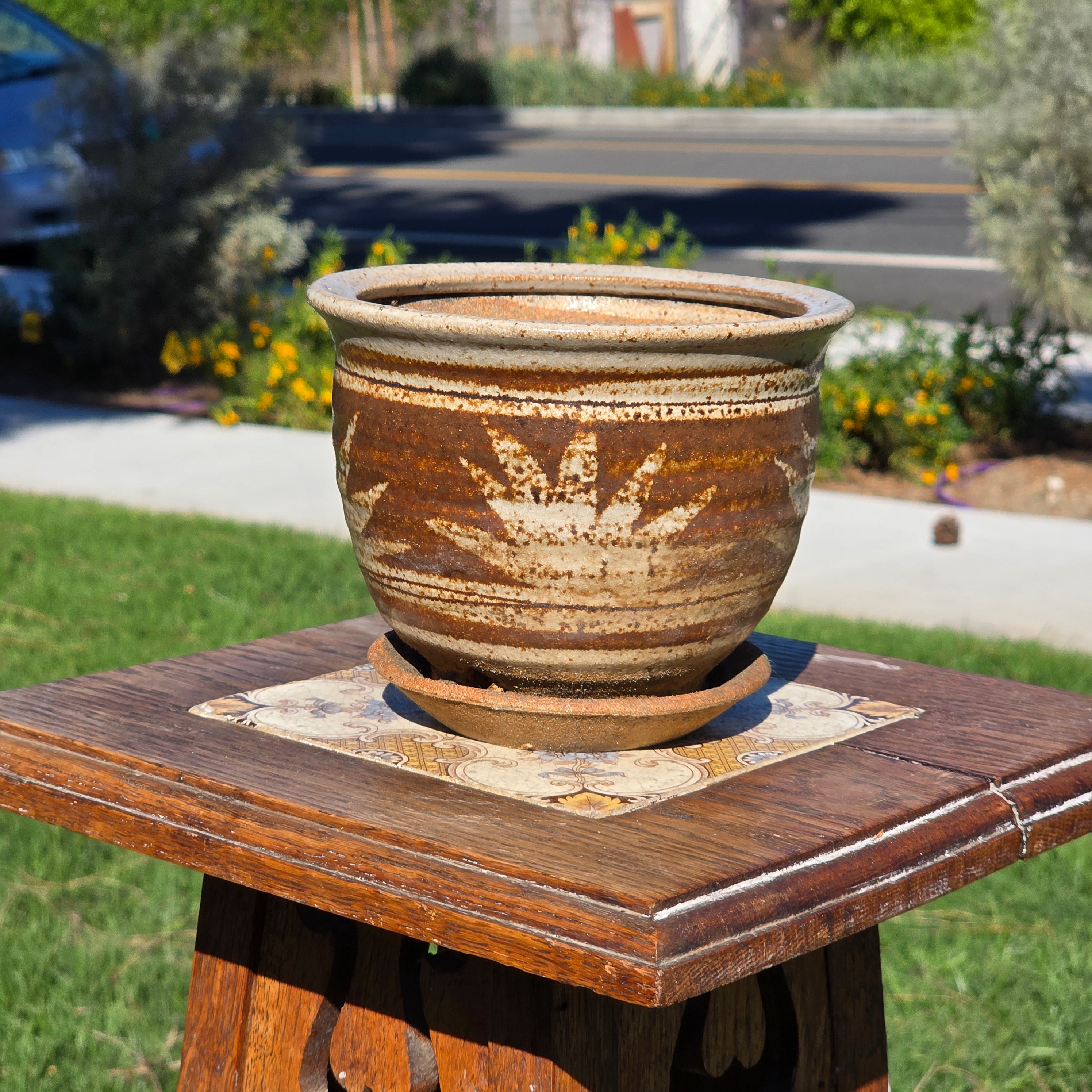 Vintage Studio Pottery Planter Glazed Stoneware MCM Brown Sun Leaf Design 6"