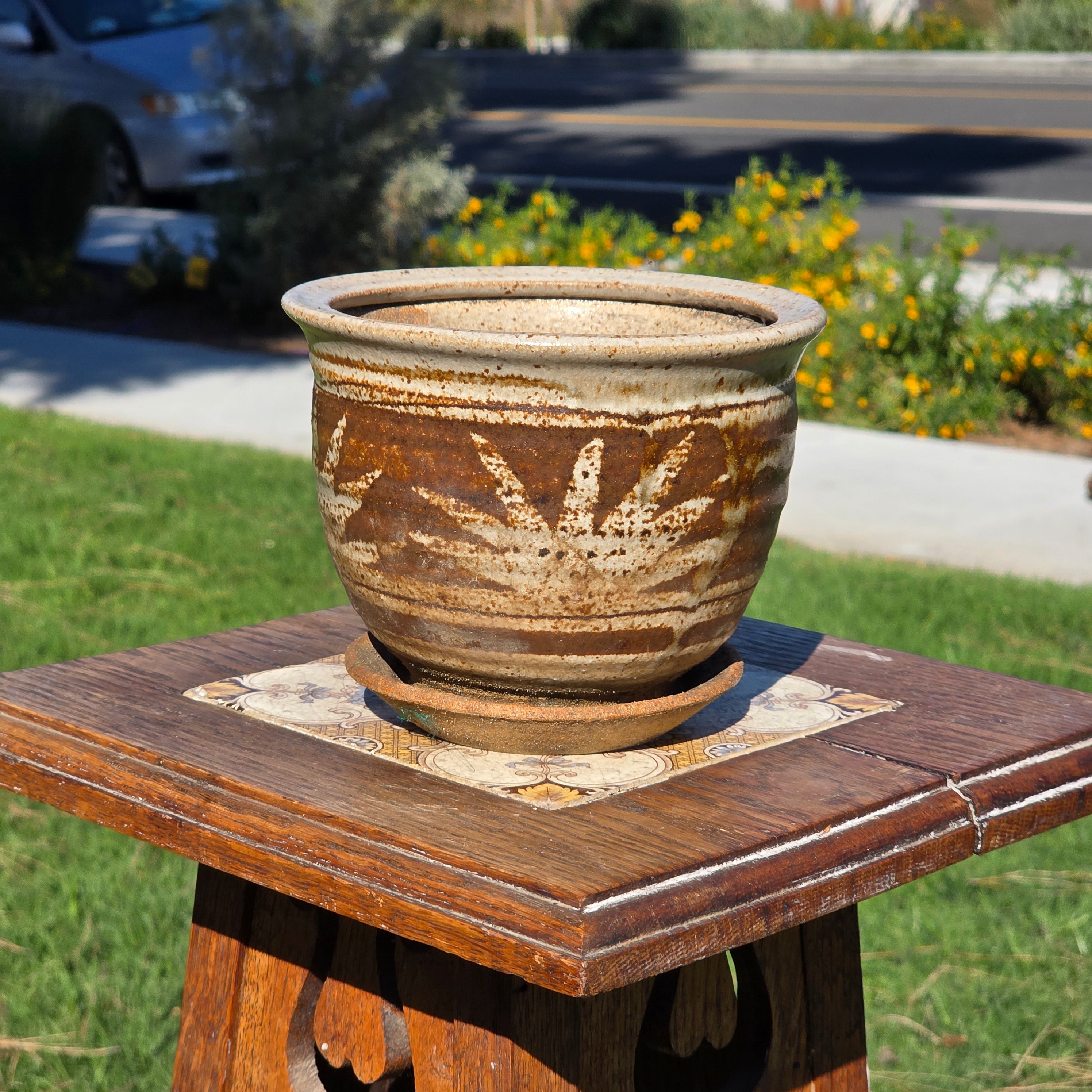 Vintage Studio Pottery Planter Glazed Stoneware MCM Brown Sun Leaf Design 6"