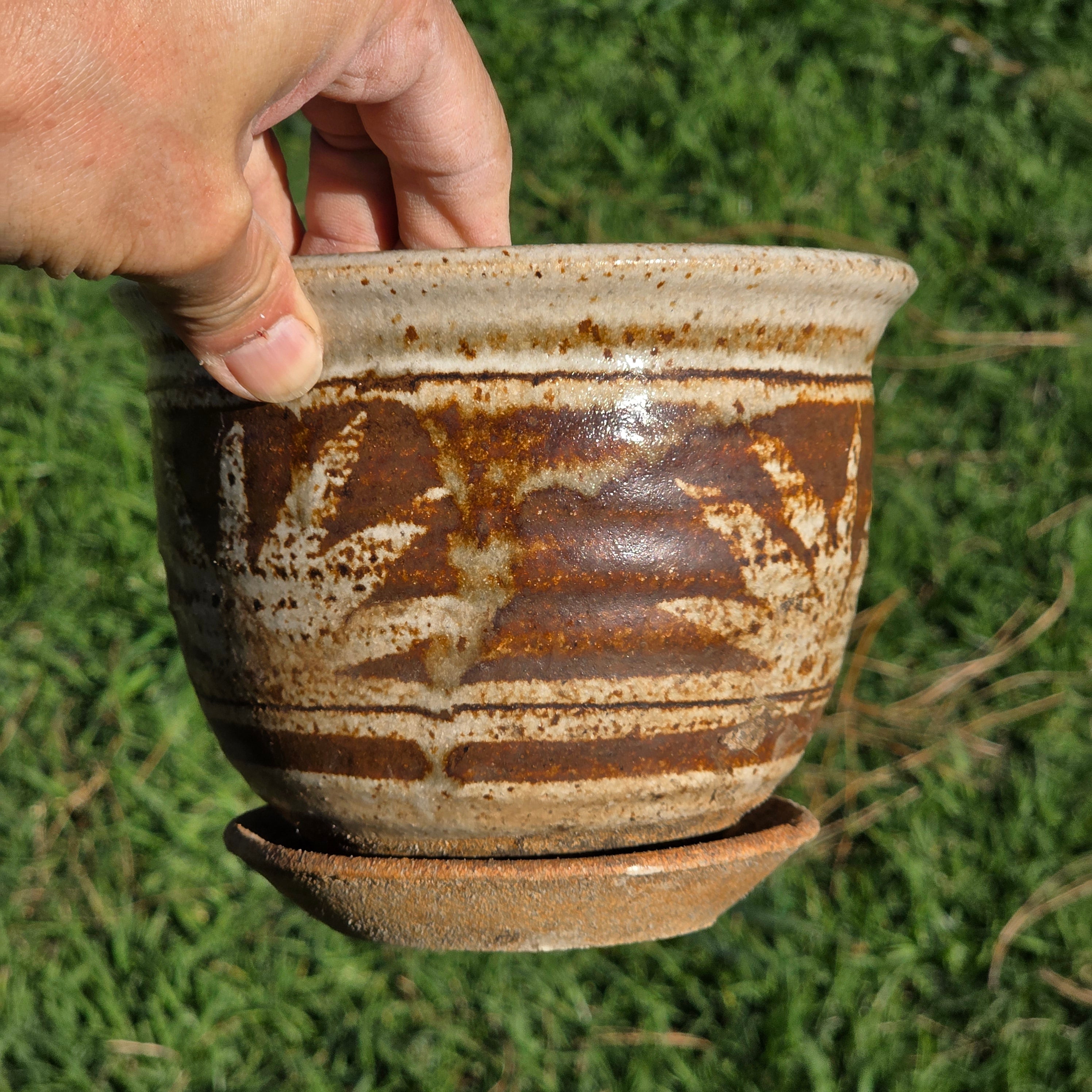 Vintage Studio Pottery Planter Glazed Stoneware MCM Brown Sun Leaf Design 6"