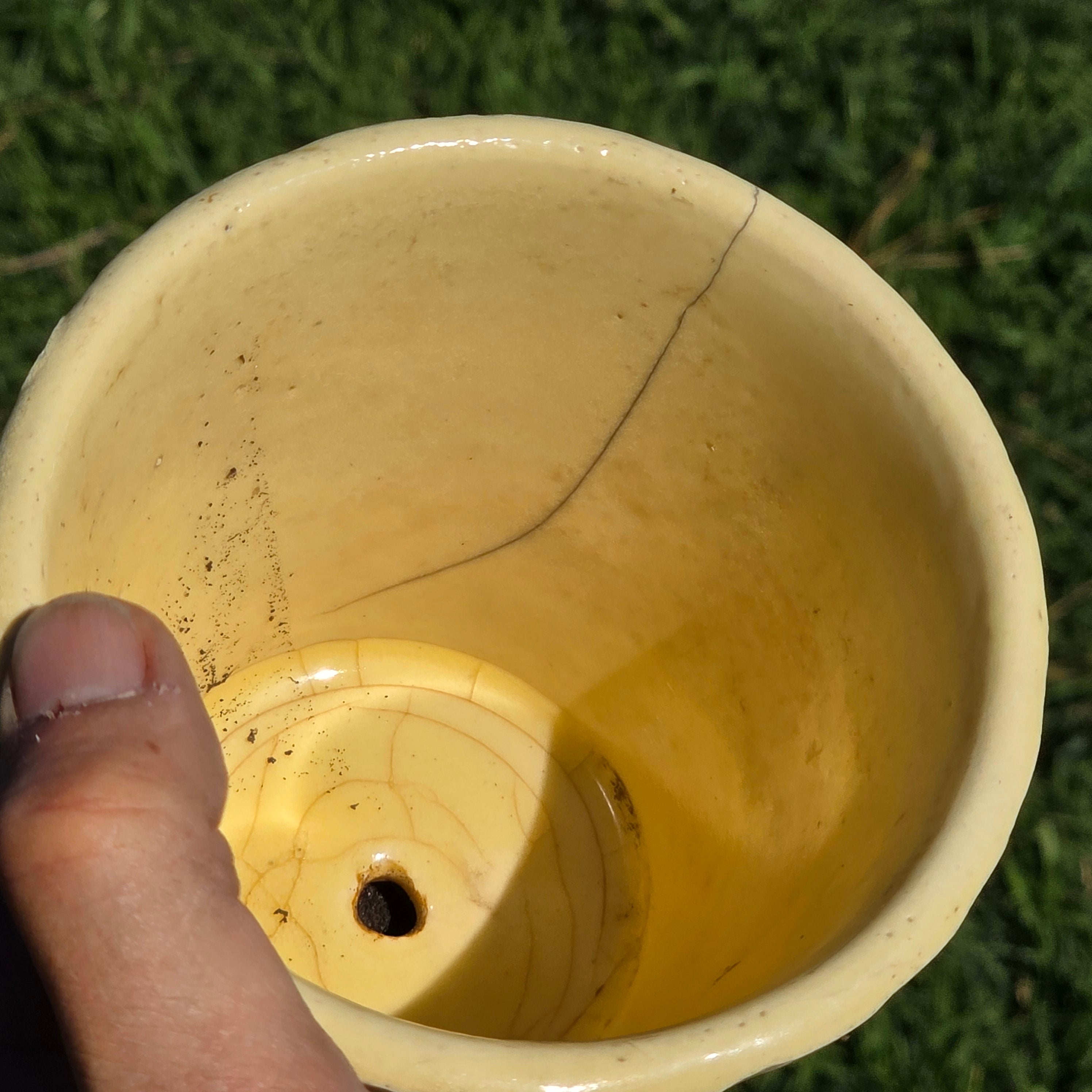 Vintage Yellow Basket Weave Planter Ceramic Pot AS-IS Damage Crack Shabby Chic
