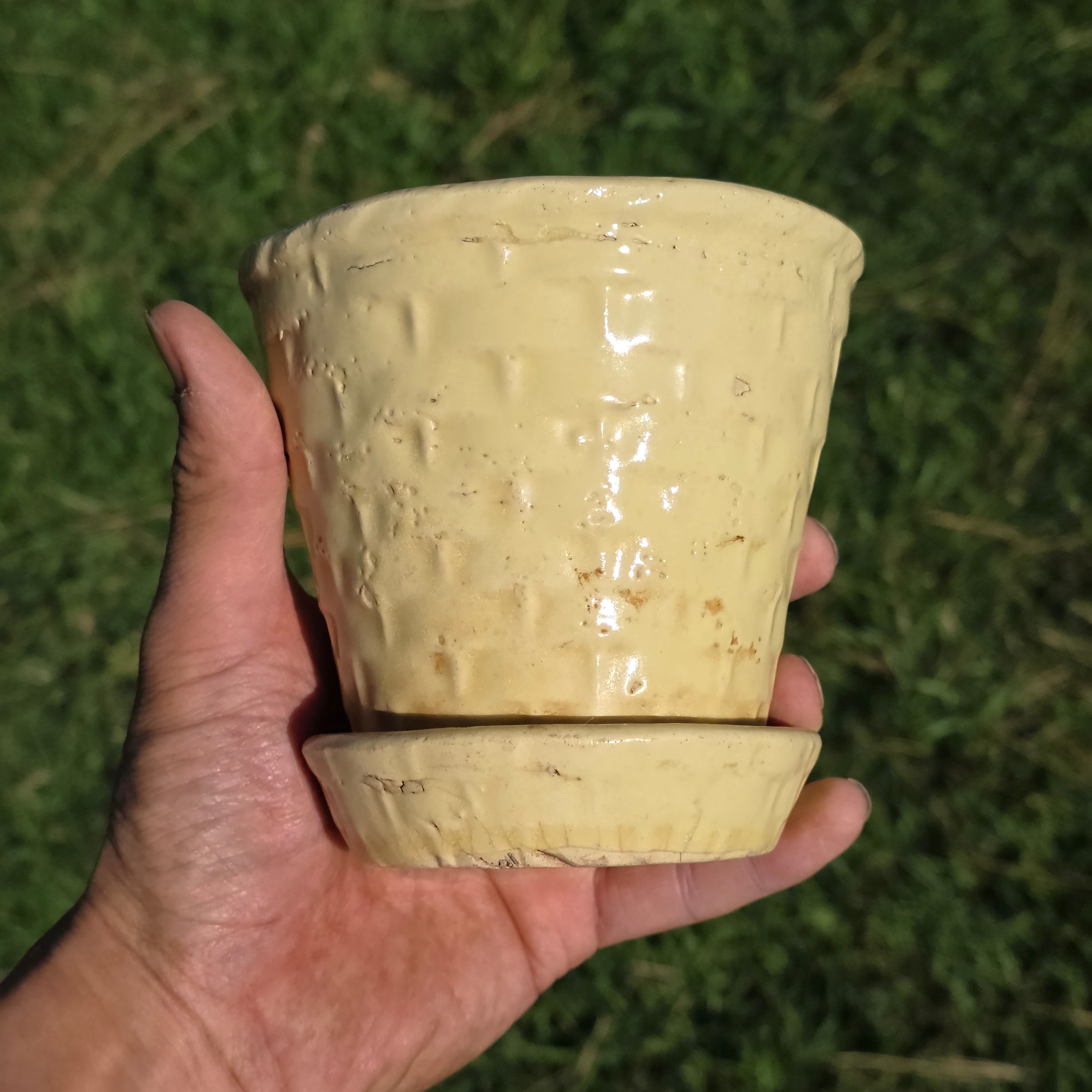 Vintage Yellow Basket Weave Planter Ceramic Pot AS-IS Damage Crack Shabby Chic