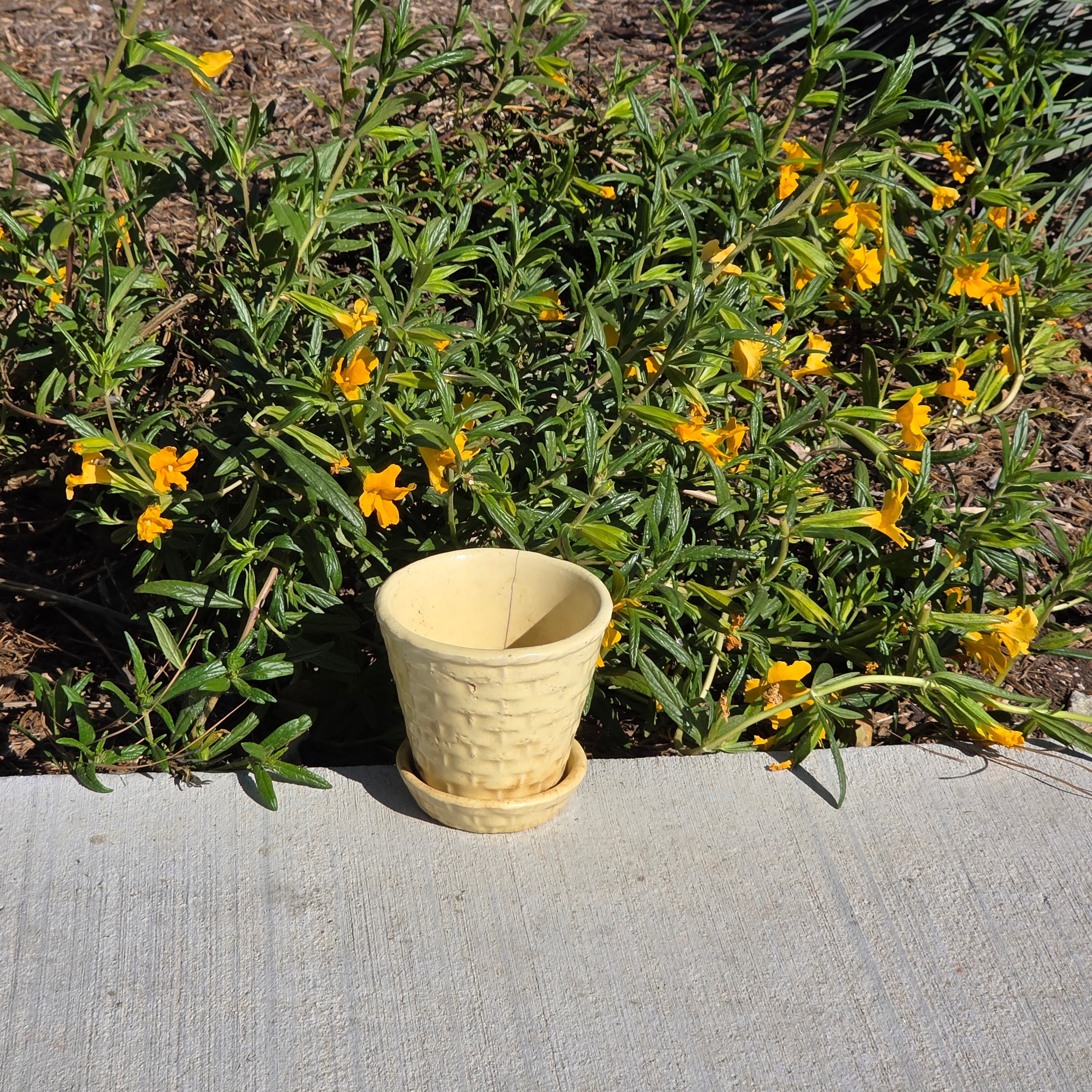 Vintage Yellow Basket Weave Planter Ceramic Pot AS-IS Damage Crack Shabby Chic