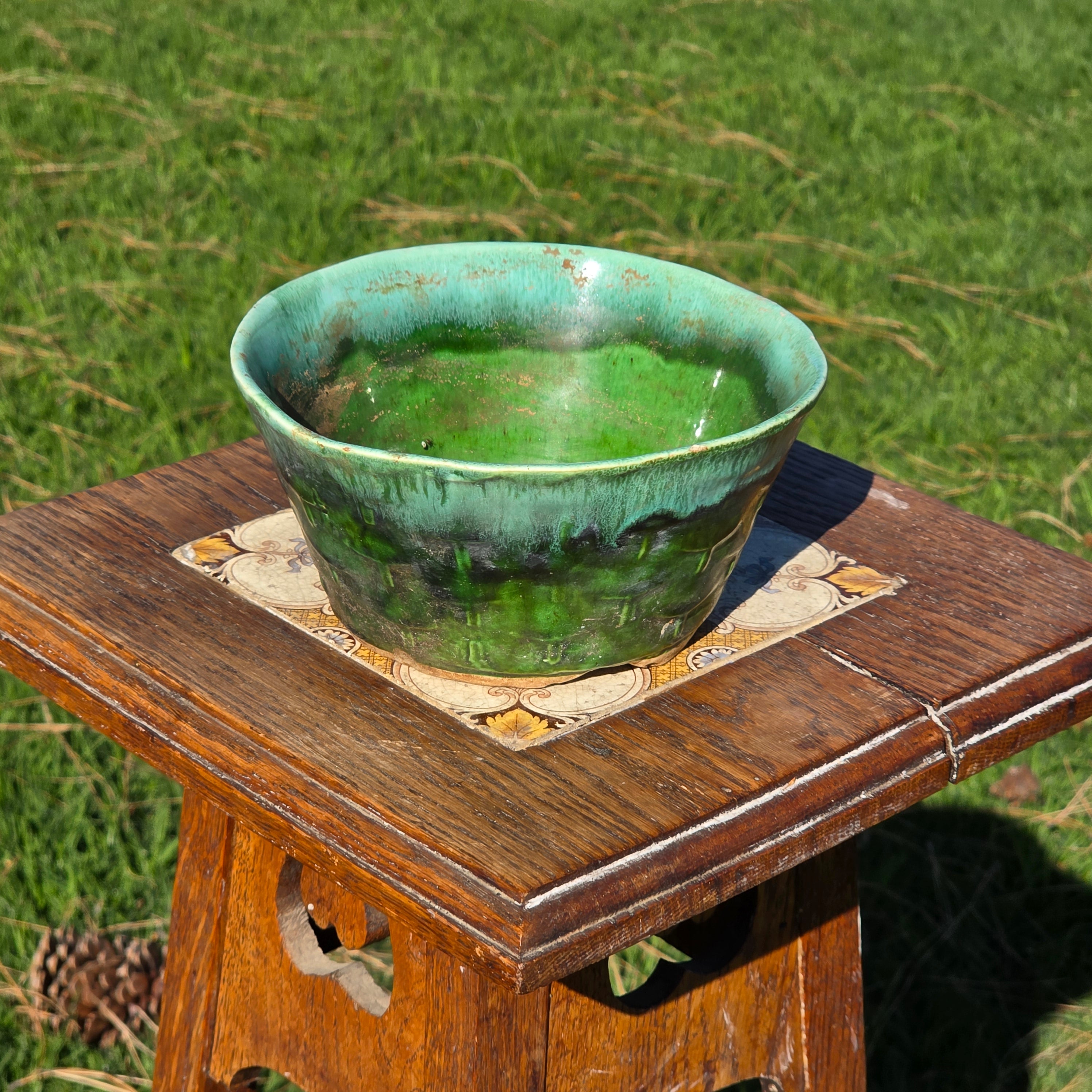 Vintage California Pottery Planter Green Drip Glaze Basket Weave UP-22 USA 6"