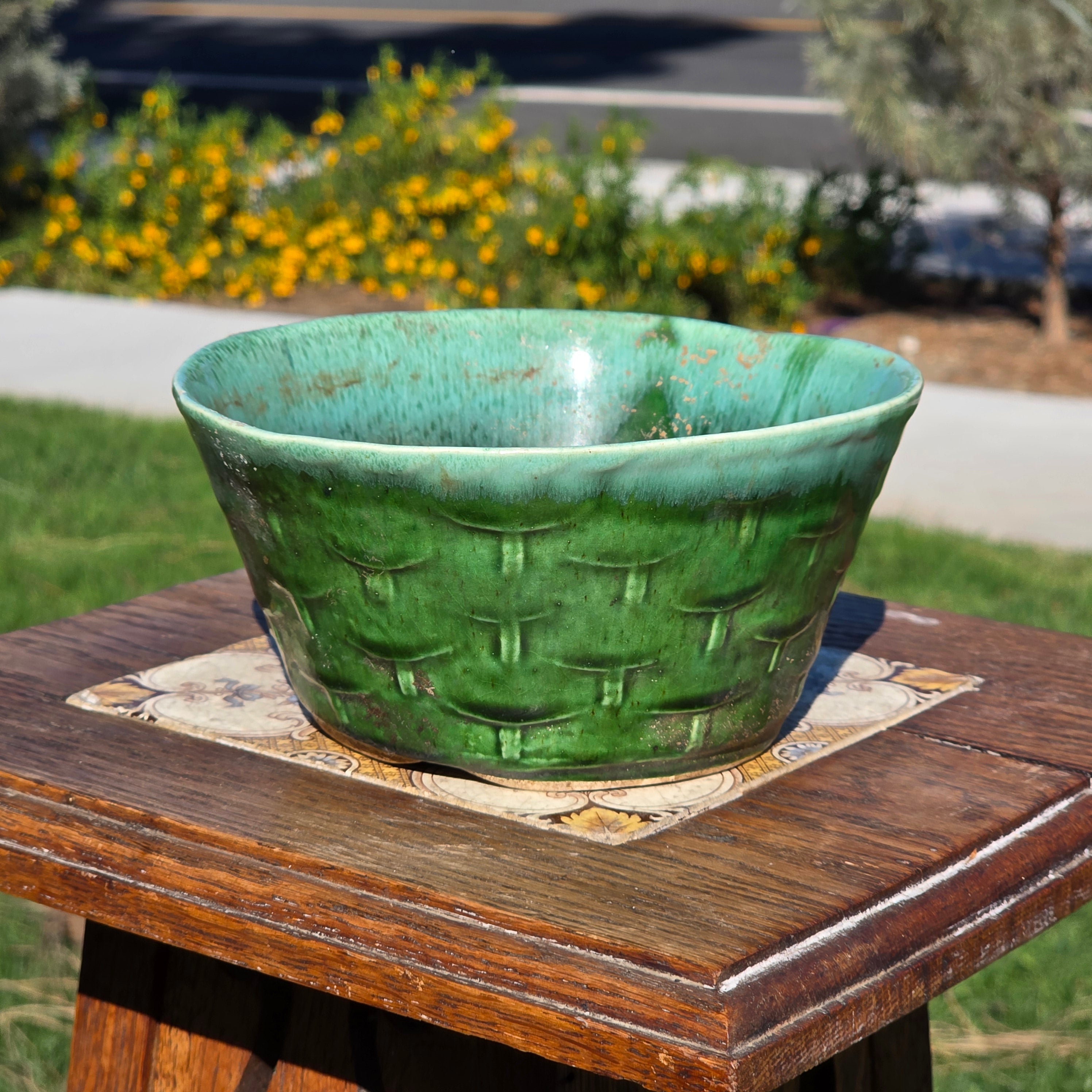 Vintage California Pottery Planter Green Drip Glaze Basket Weave UP-22 USA 6"