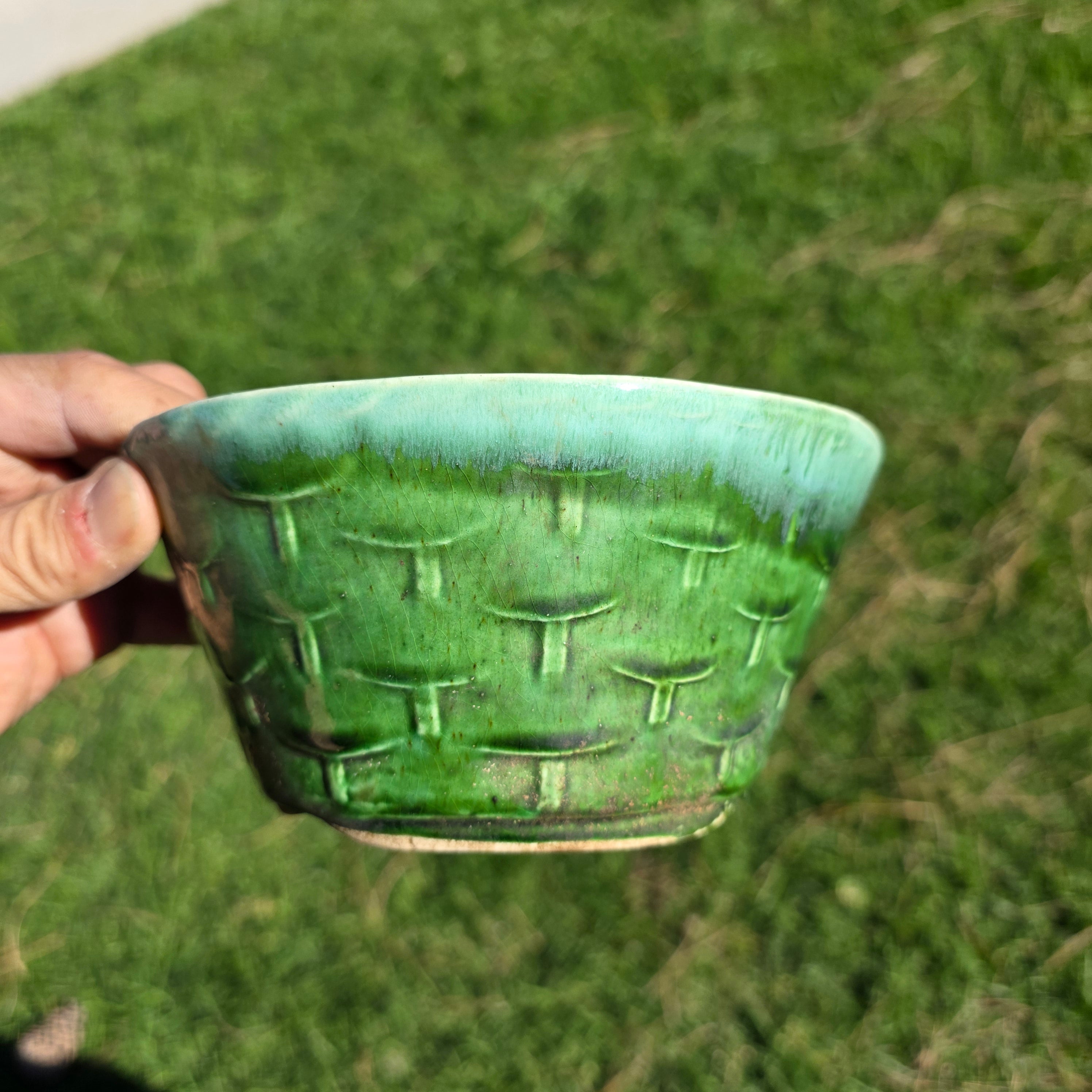 Vintage California Pottery Planter Green Drip Glaze Basket Weave UP-22 USA 6"