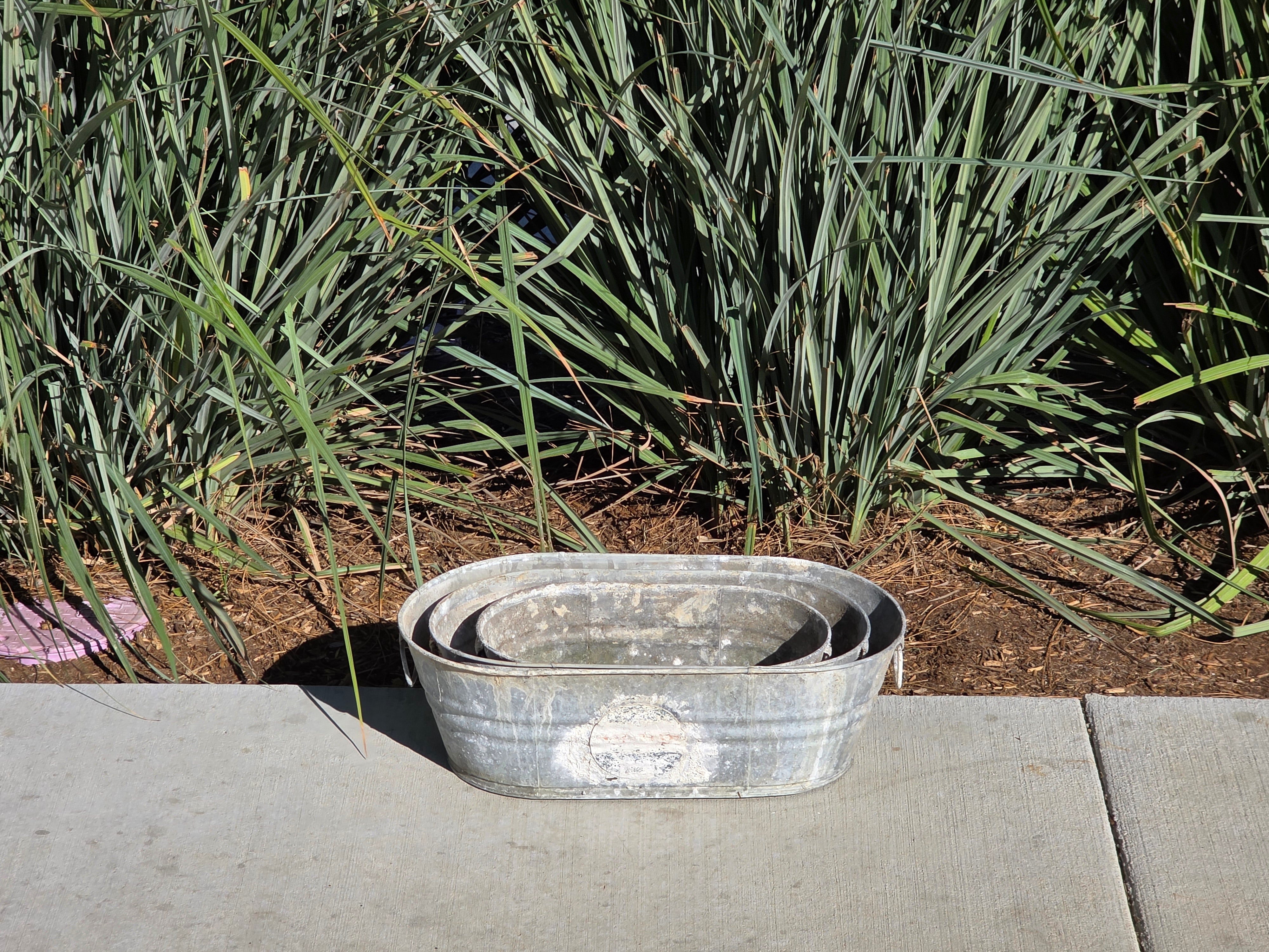 Vintage Look Behrens Galvanized Steel Oval Tub Set 3 Planter Farmhouse Decor