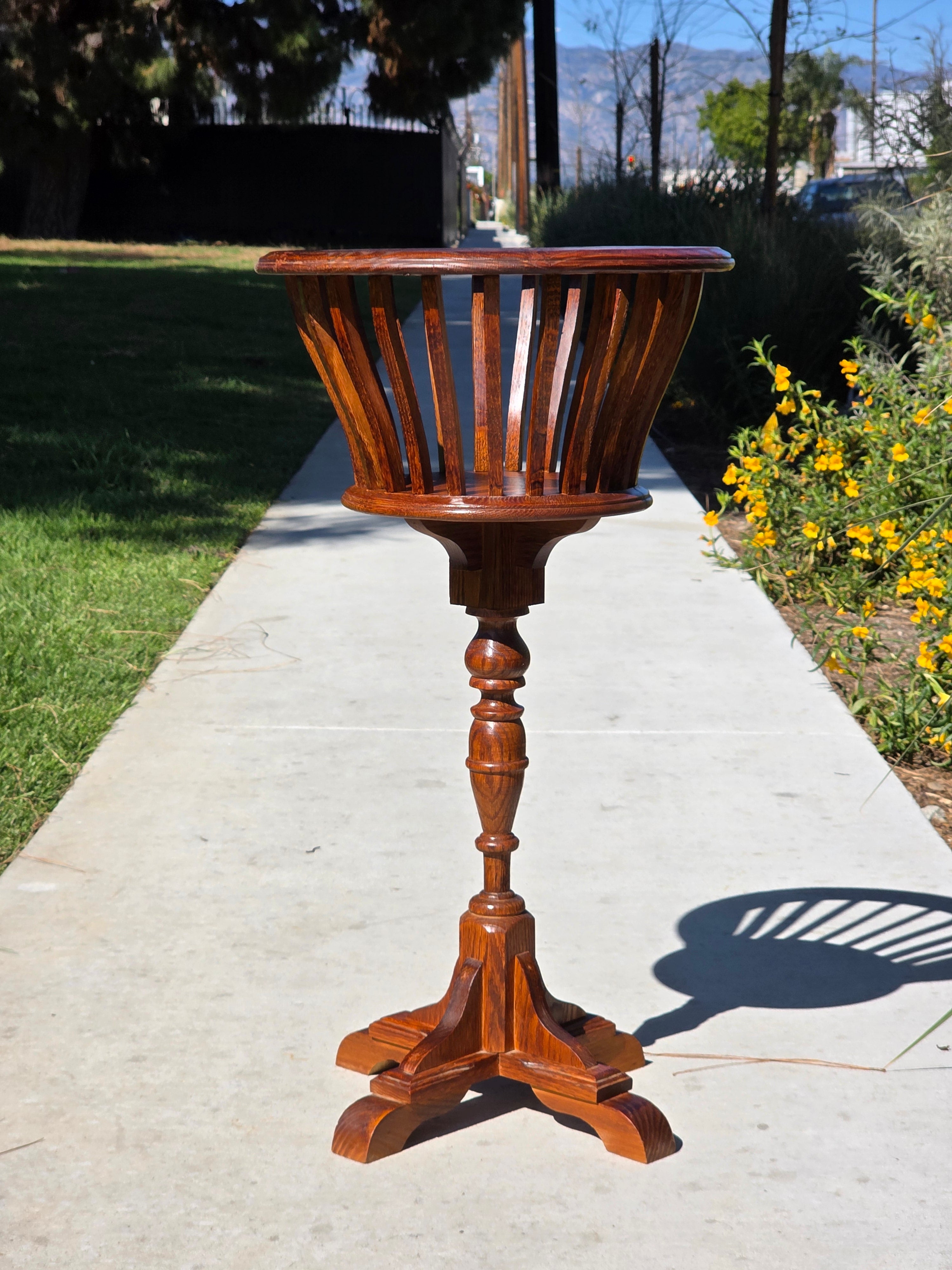 Vintage MCM Oak Wood Planter Stand Basket Turned Leg Pedestal Made in Canada 31"