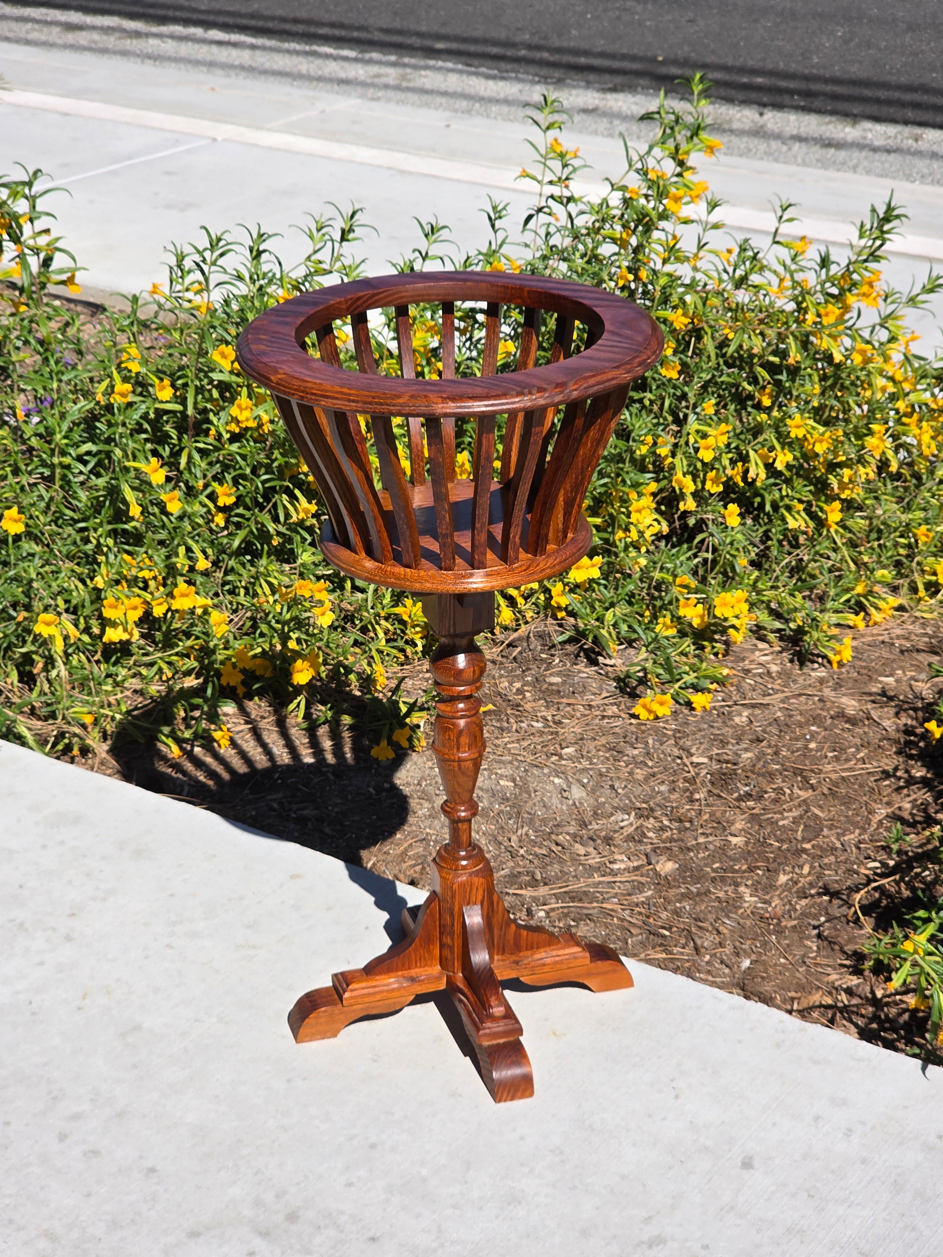 Vintage MCM Oak Wood Planter Stand Basket Turned Leg Pedestal Made in Canada 31"