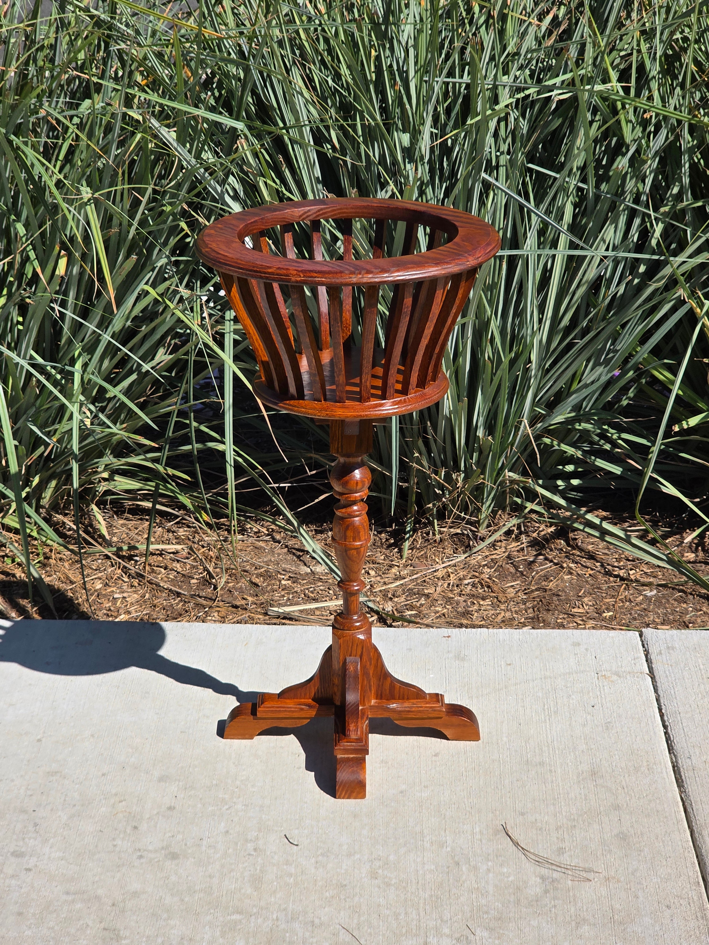 Vintage MCM Oak Wood Planter Stand Basket Turned Leg Pedestal Made in Canada 31"