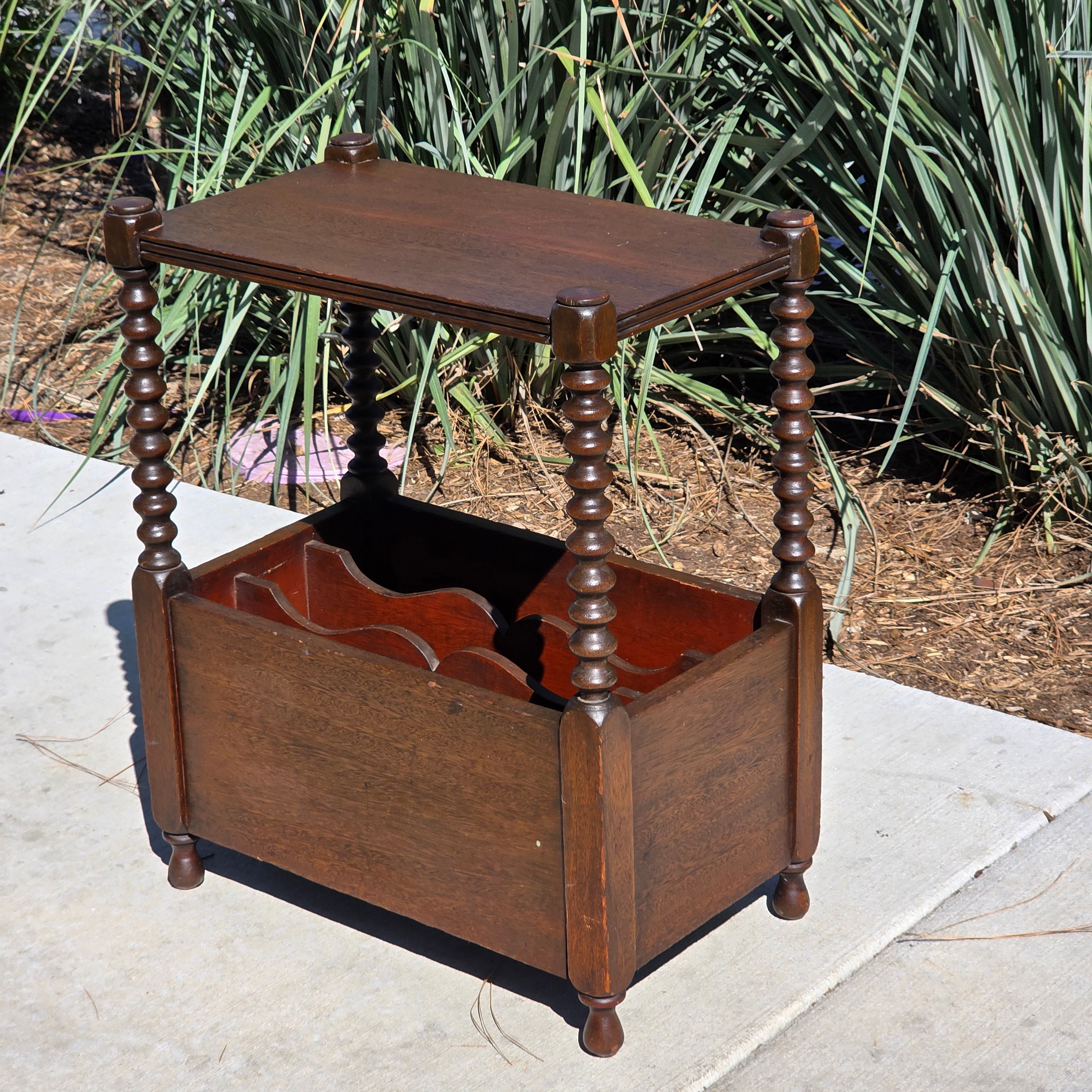 Vintage English Victorian Style Bobbin Leg Magazine Rack Side Table Canterbury