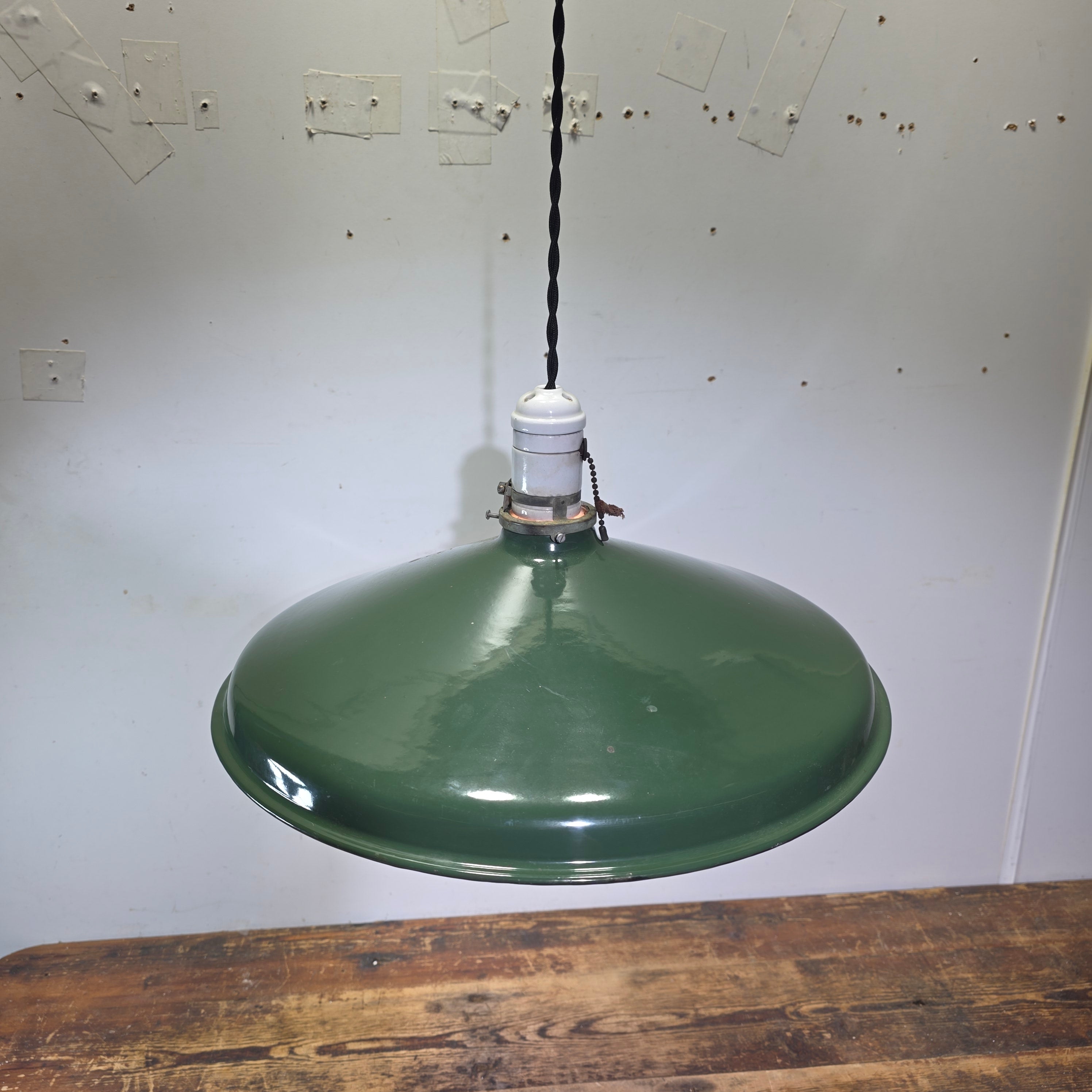 Vintage Industrial Green Enamel Pendant Light Porcelain Pull Chain Socket 16”