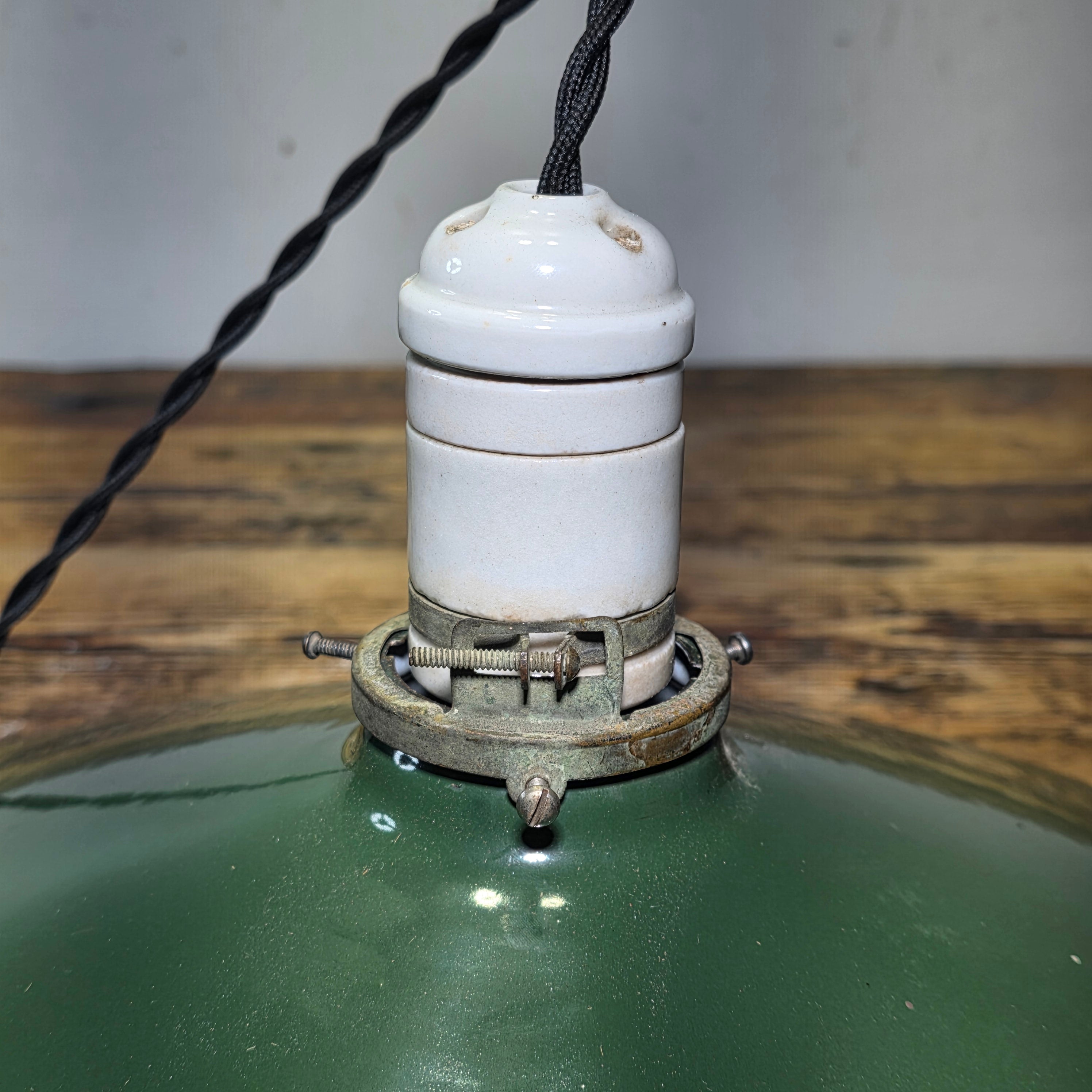 Vintage Industrial Green Enamel Pendant Light Porcelain Pull Chain Socket 16”