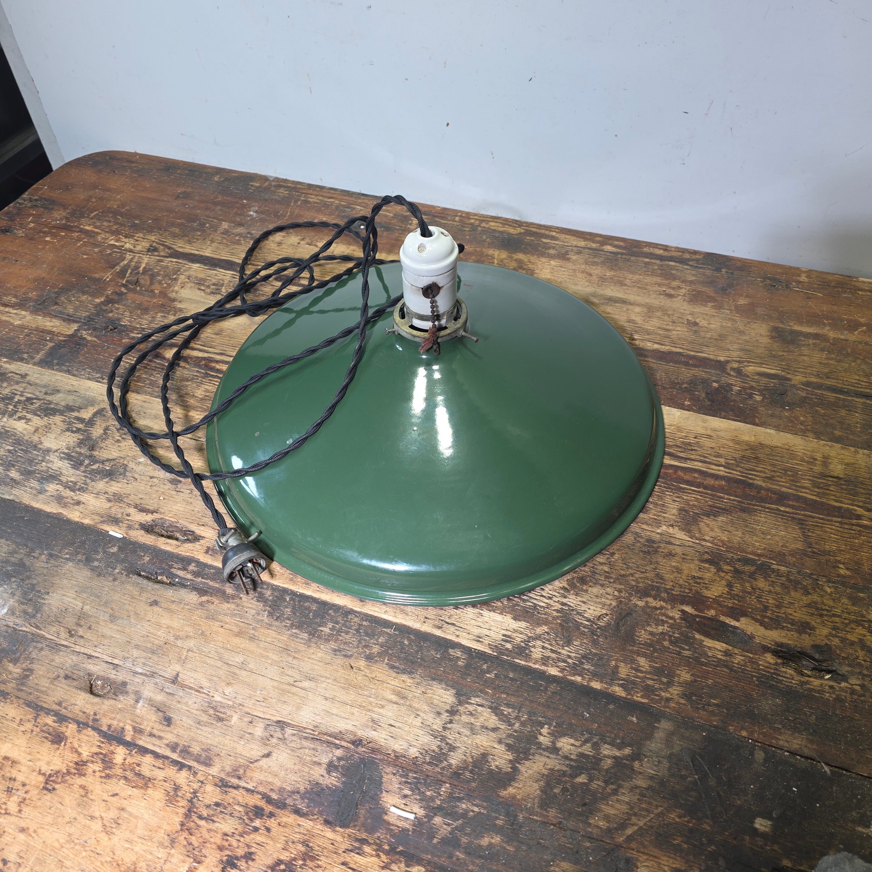 Vintage Industrial Green Enamel Pendant Light Porcelain Pull Chain Socket 16”