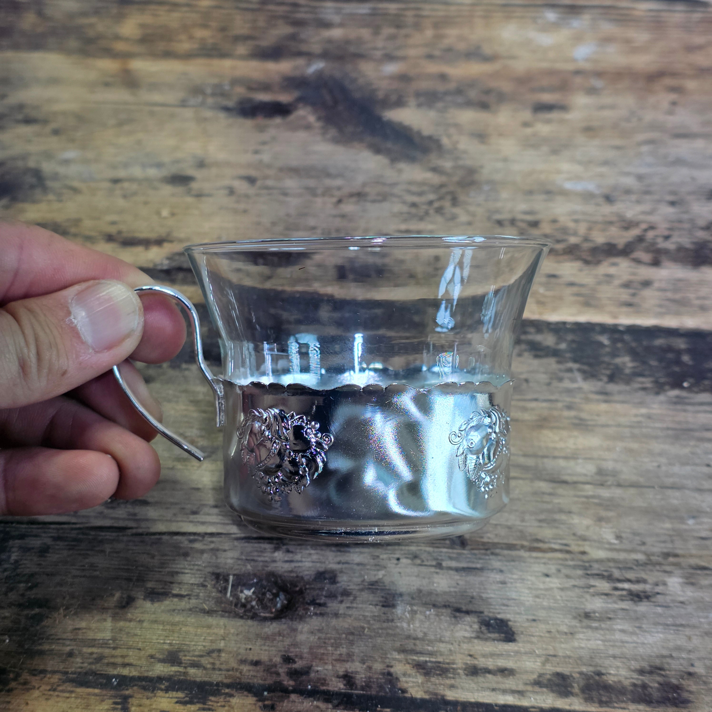 Vintage BMF Quist W-Germany Silver Plated Glass Tea Cup Saucer Set & Mini Basket