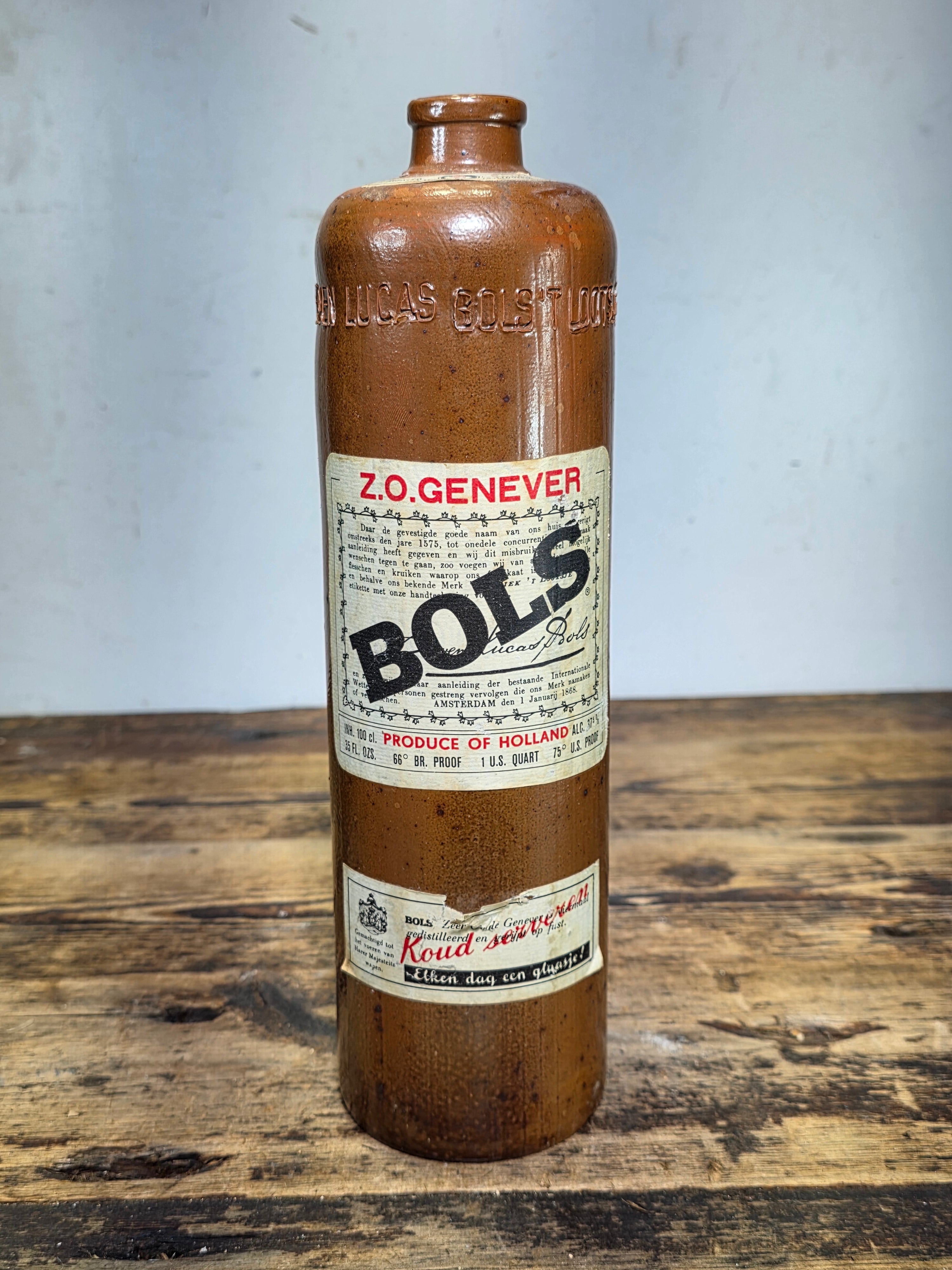 Vintage Bols Z.O. Genever Gin Clay Bottle Stoneware Crock Holland Amsterdam 1L No Stopper
