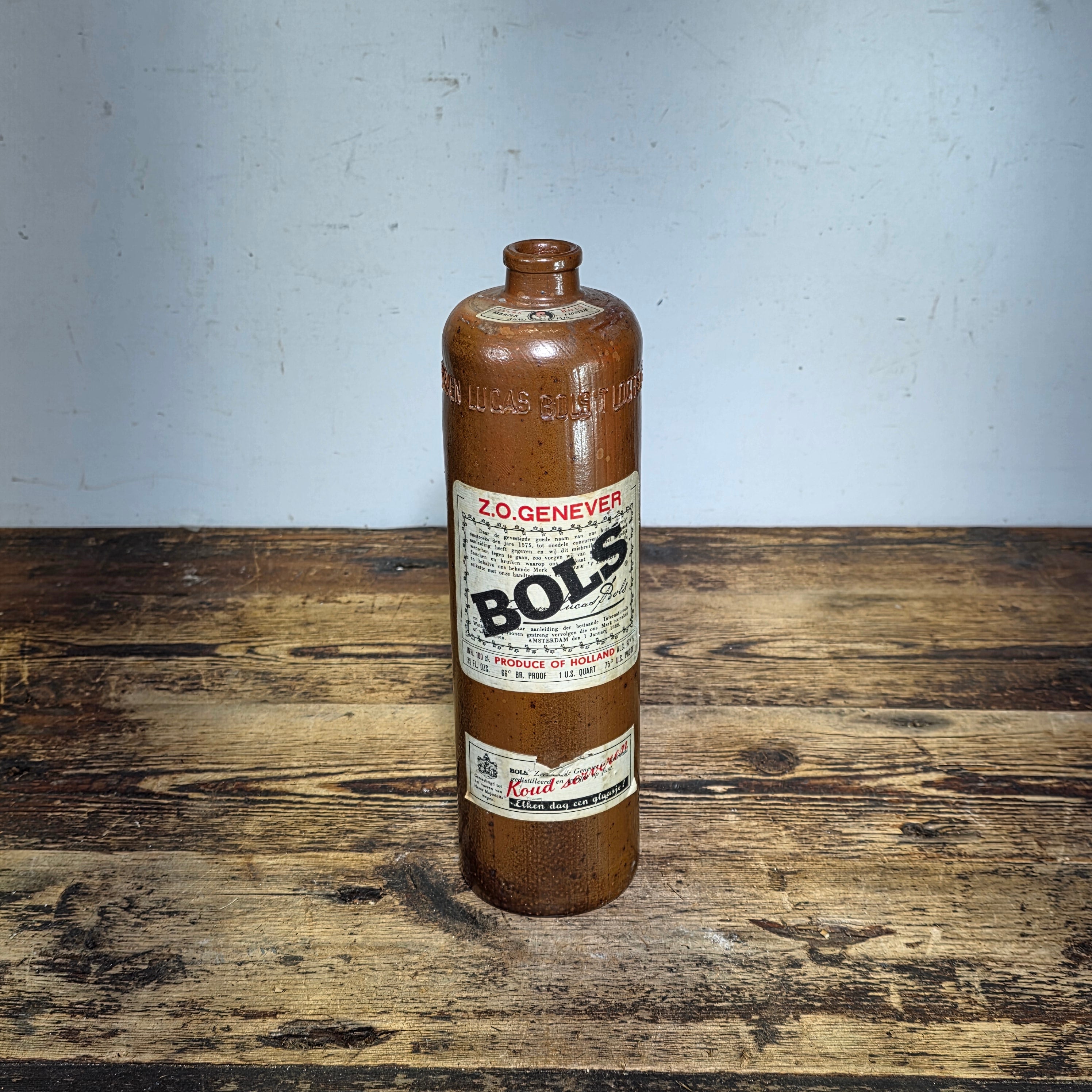 Vintage Bols Z.O. Genever Gin Clay Bottle Stoneware Crock Holland Amsterdam 1L No Stopper