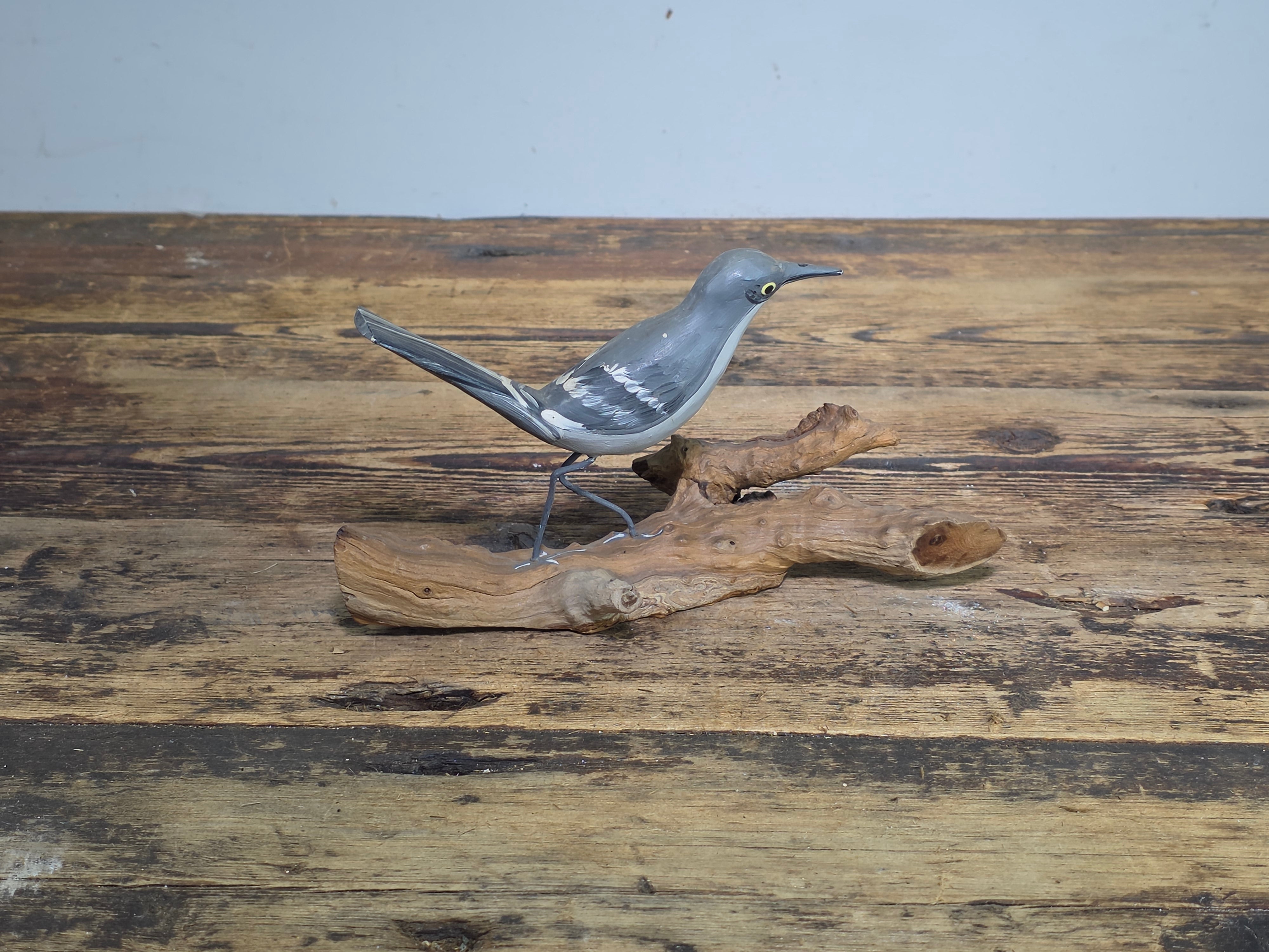 Vintage Hand Painted Wood Bird Decoy Northern Mockingbird Figurine on Driftwood