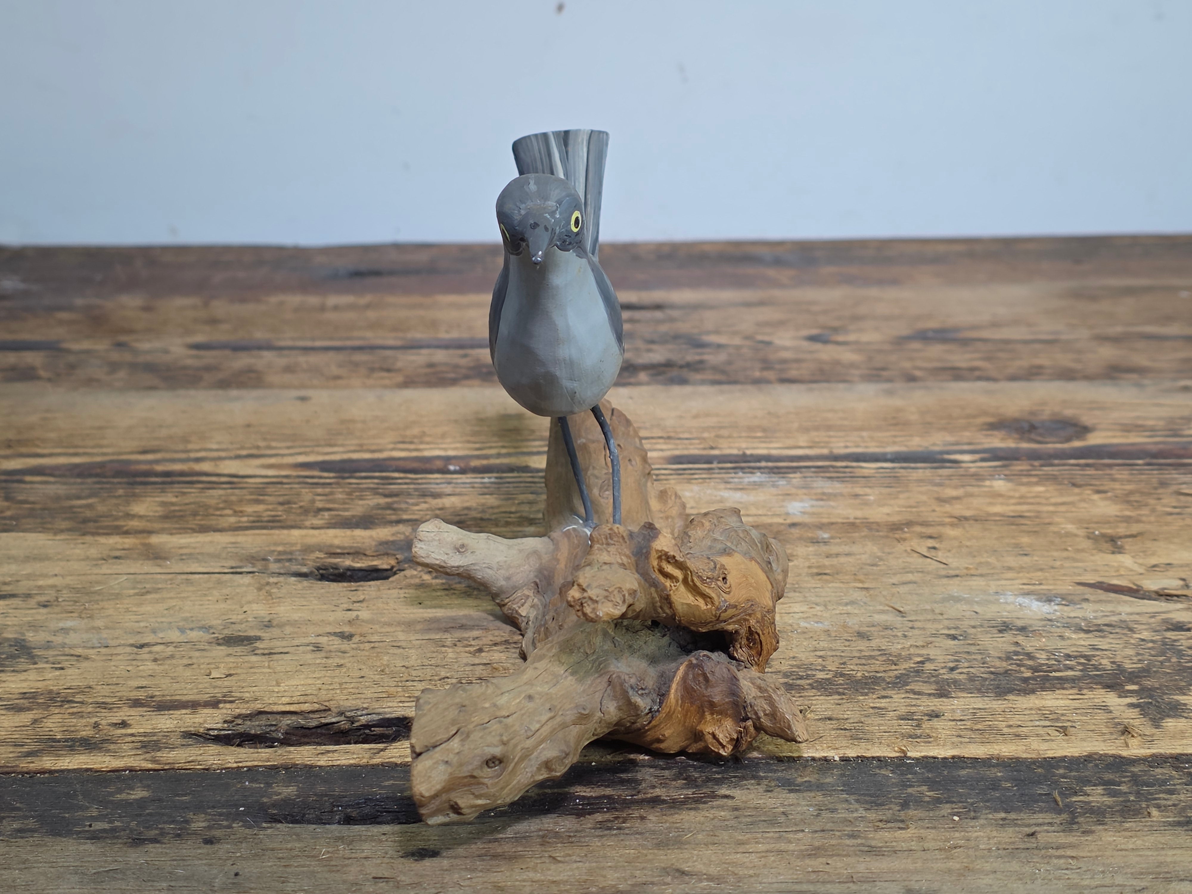 Vintage Hand Painted Wood Bird Decoy Northern Mockingbird Figurine on Driftwood
