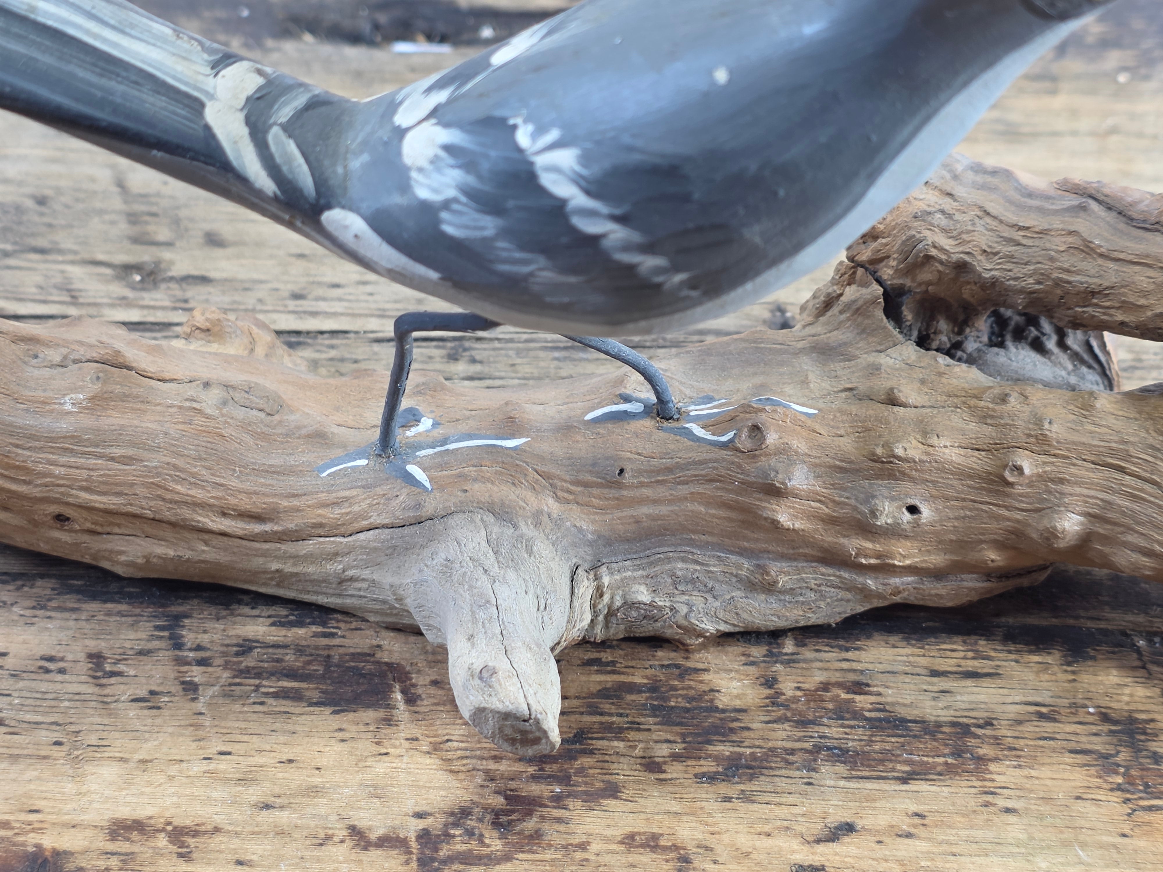 Vintage Hand Painted Wood Bird Decoy Northern Mockingbird Figurine on Driftwood