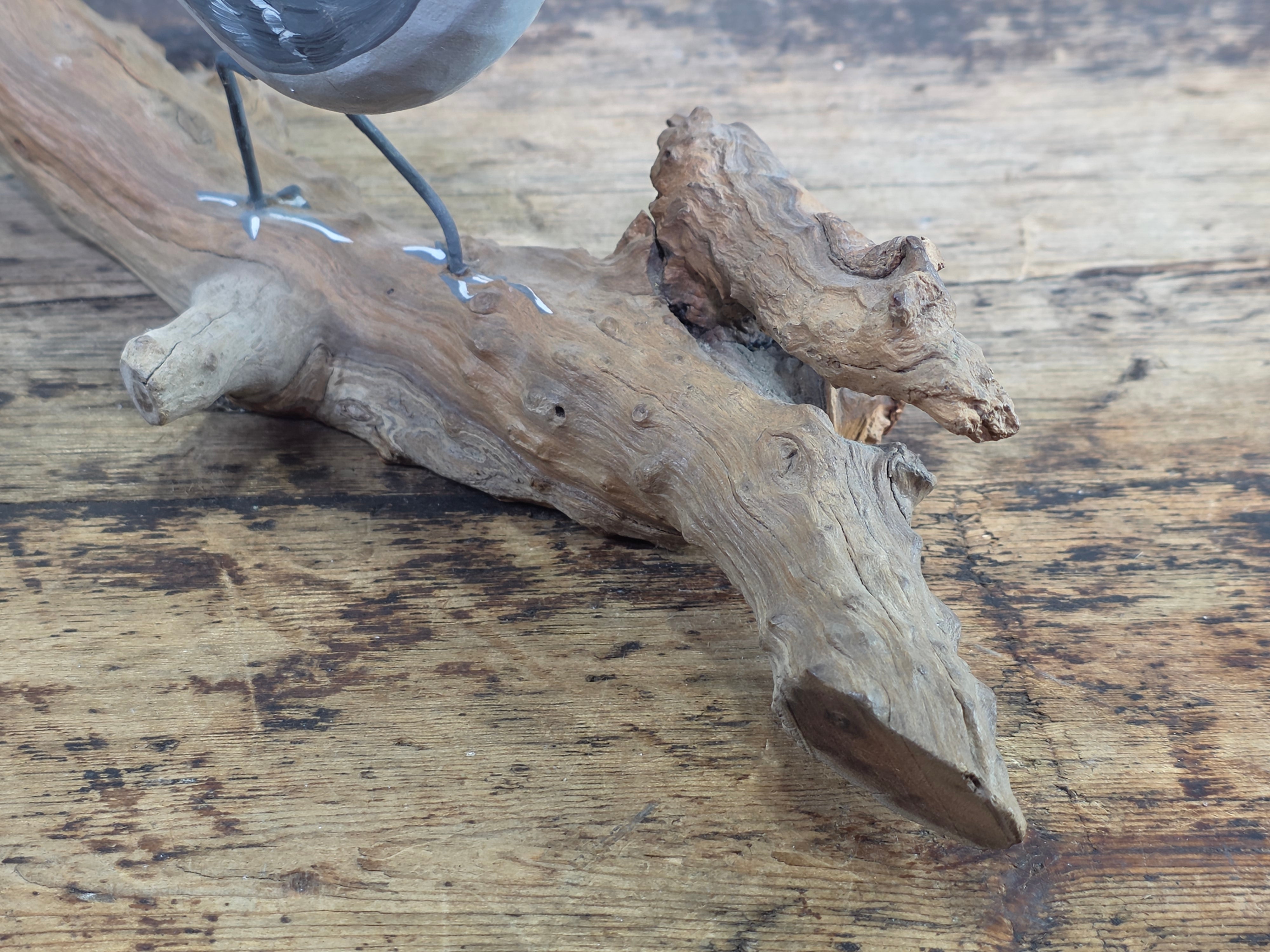 Vintage Hand Painted Wood Bird Decoy Northern Mockingbird Figurine on Driftwood