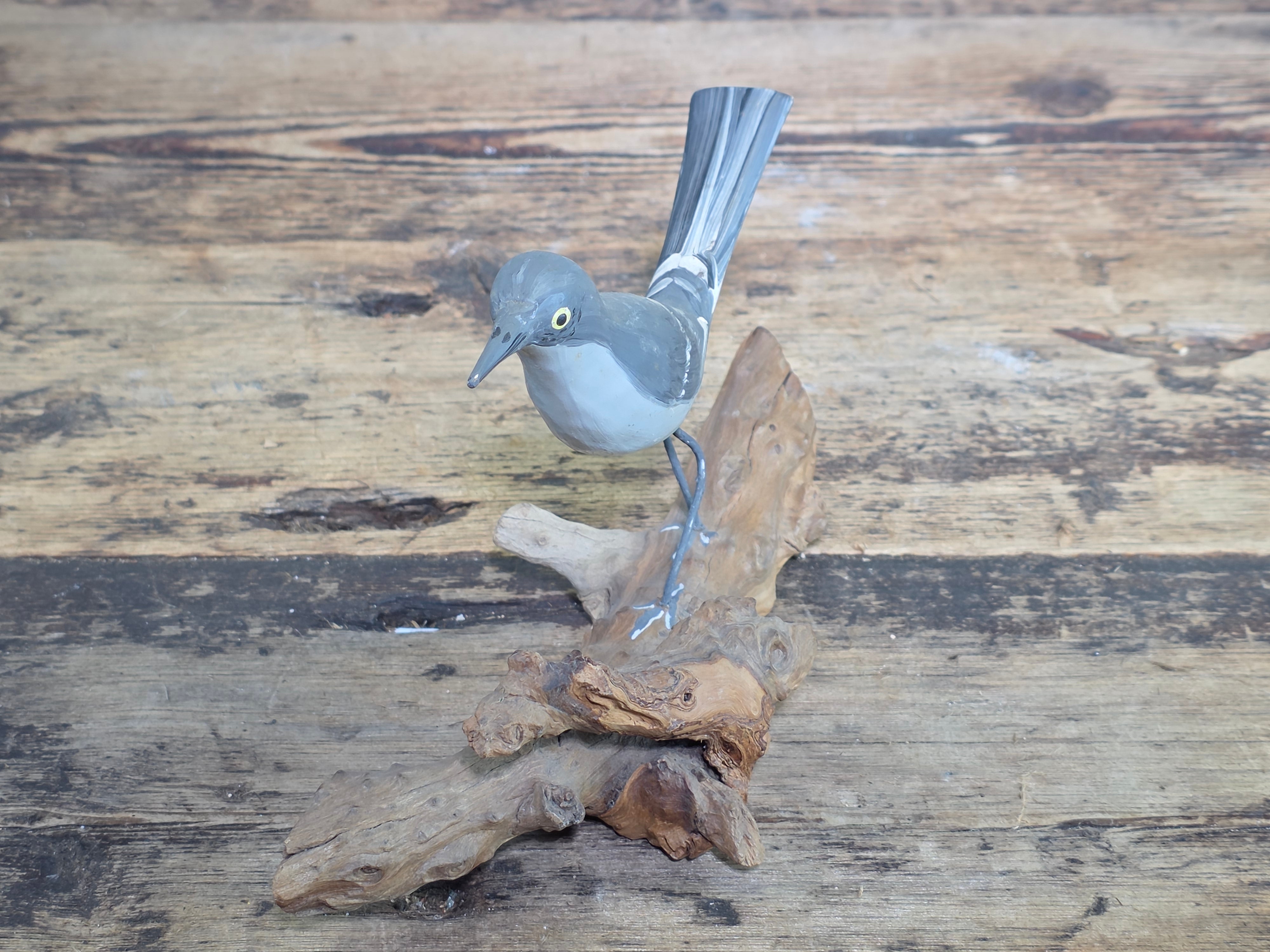 Vintage Hand Painted Wood Bird Decoy Northern Mockingbird Figurine on Driftwood
