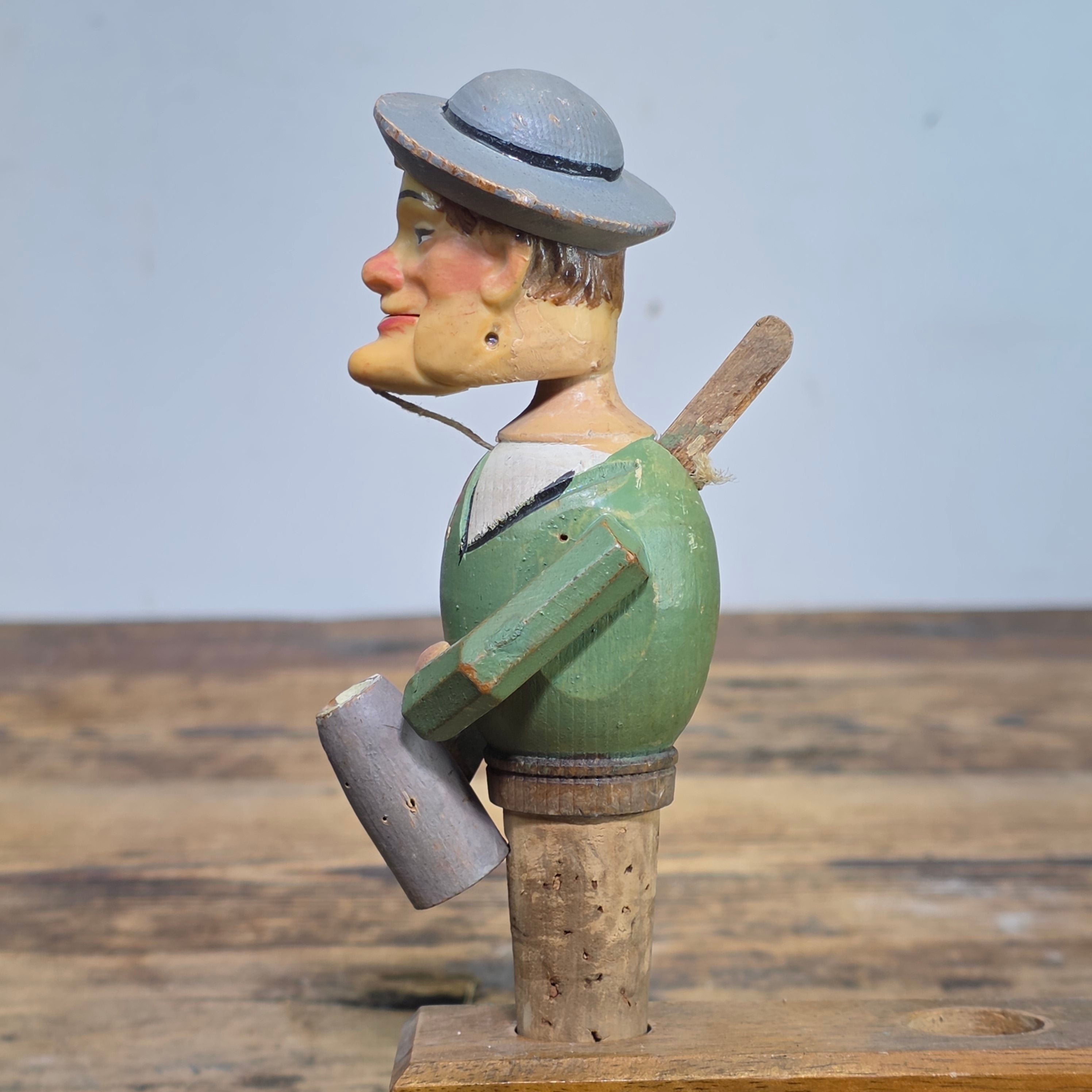 Vintage Anri Style Mechanical Bottle Stopper Wood Carved German Beer Drinker