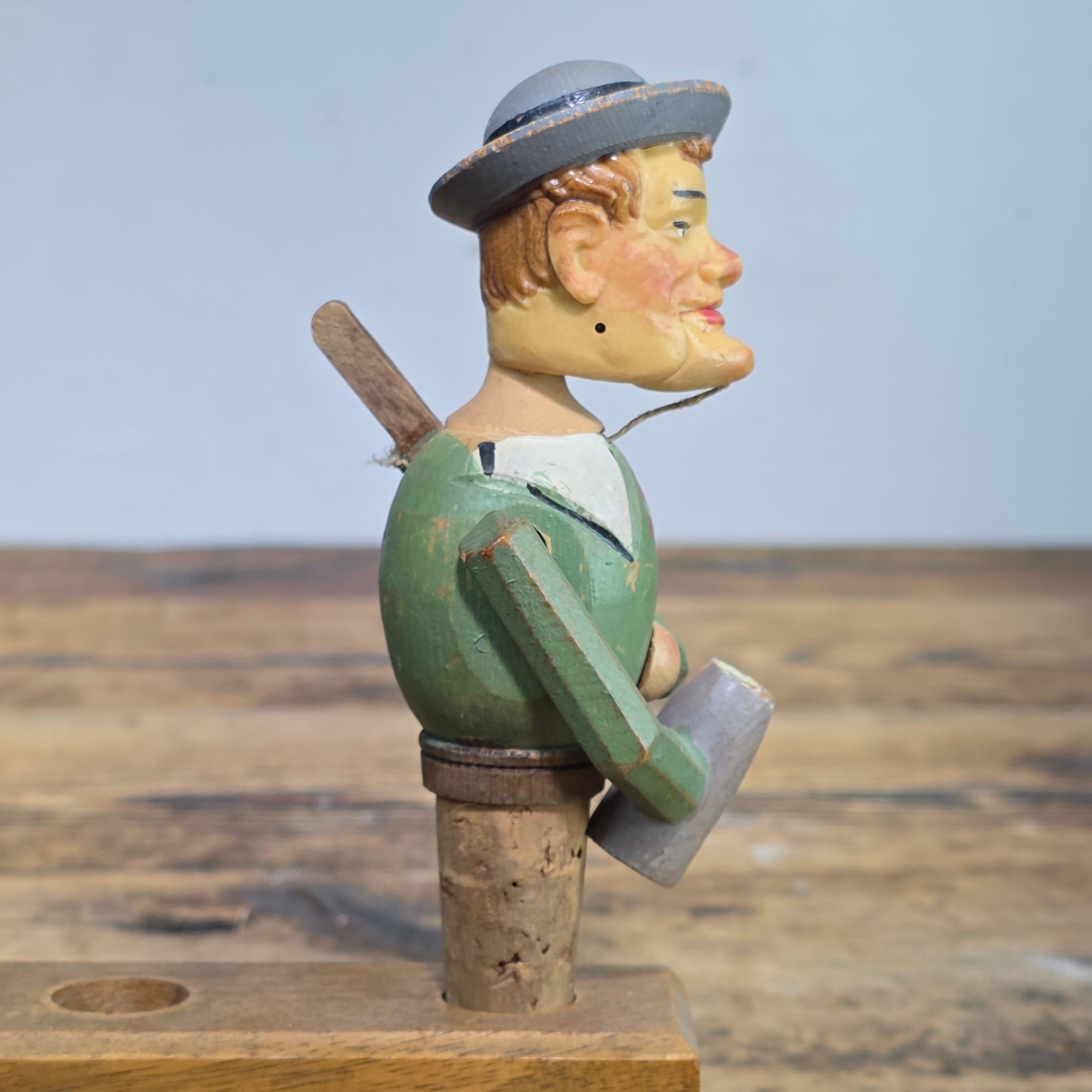 Vintage Anri Style Mechanical Bottle Stopper Wood Carved German Beer Drinker