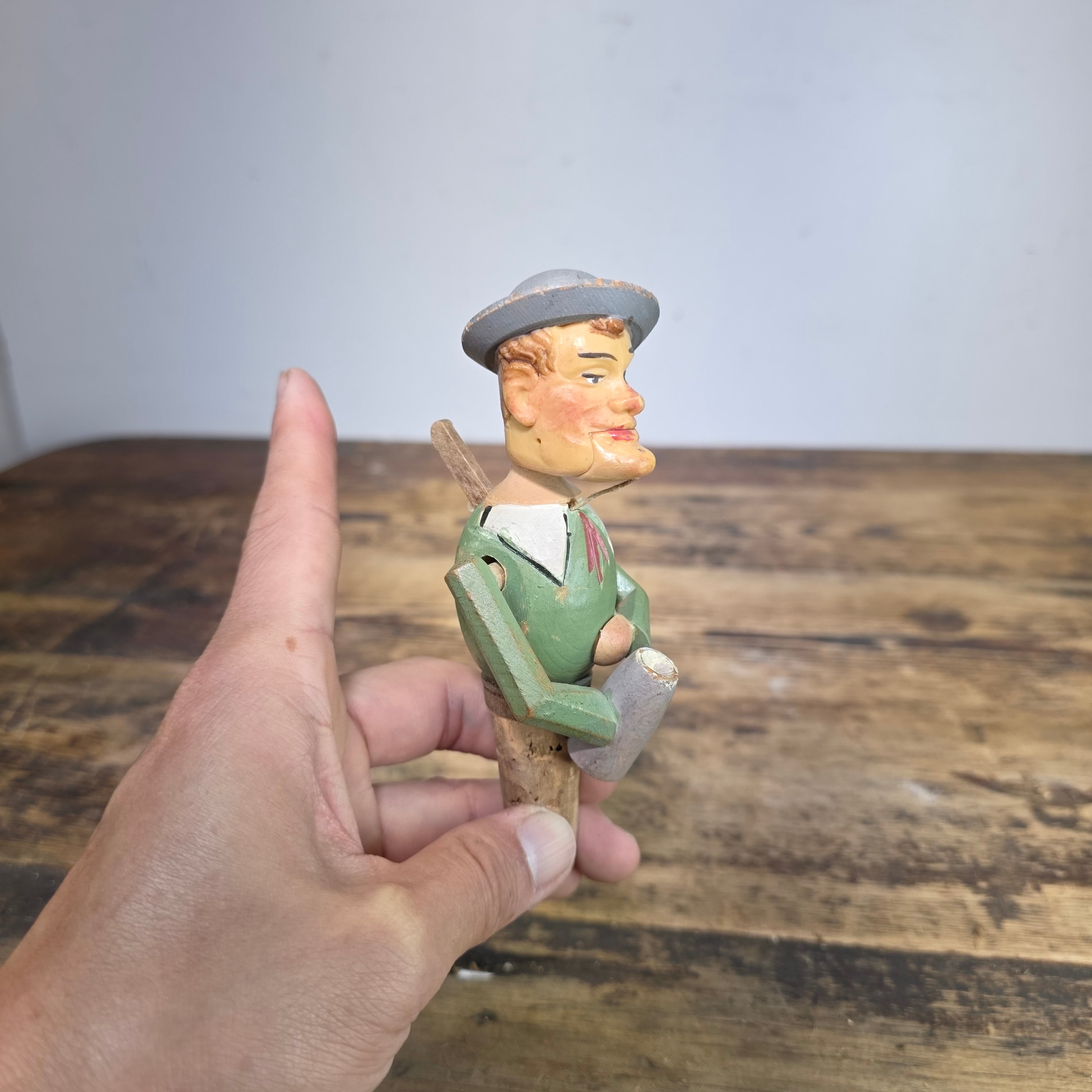 Vintage Anri Style Mechanical Bottle Stopper Wood Carved German Beer Drinker