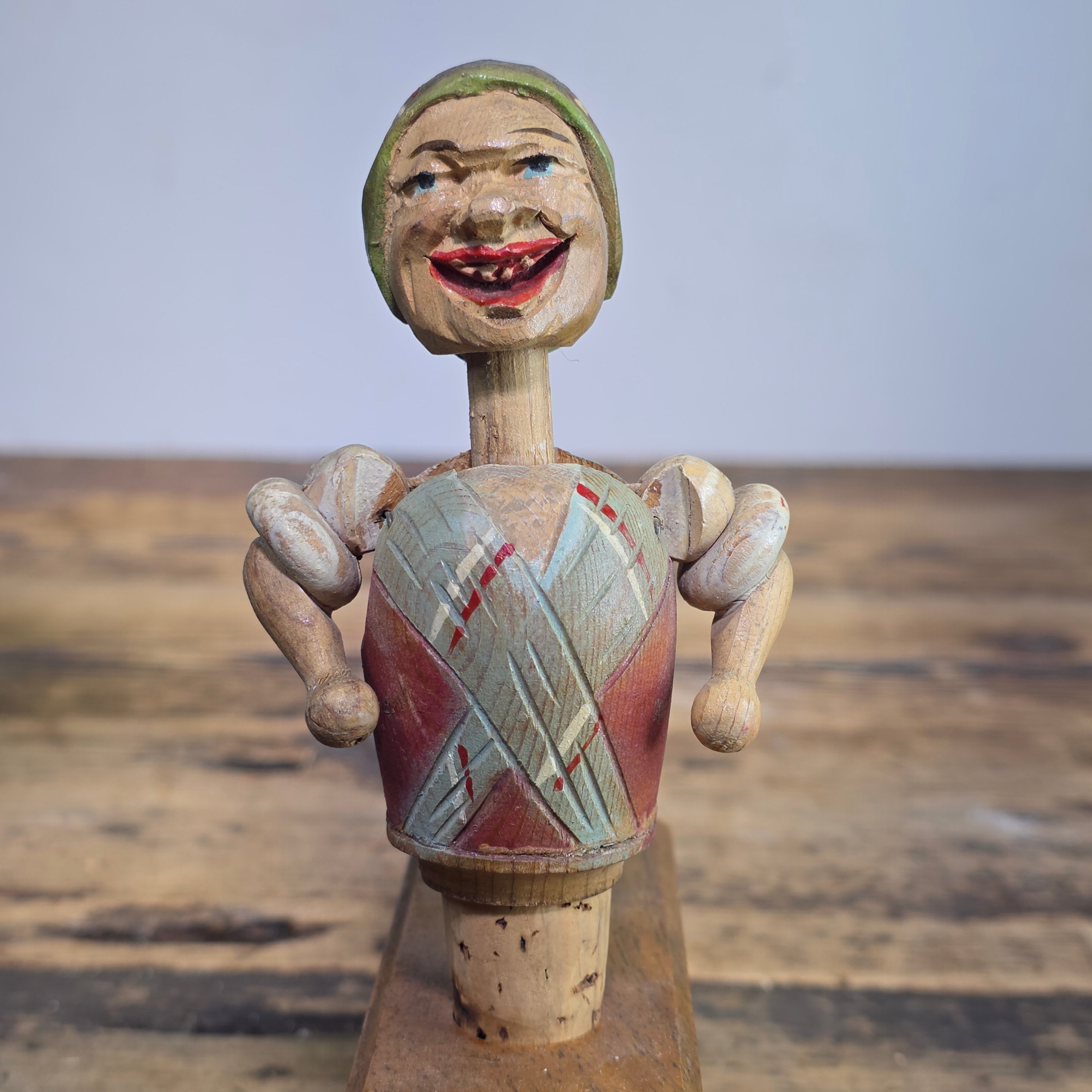 RARE VINTAGE ANRI MECHANICAL BOTTLE STOPPER WOOD CARVED HEAD TWIST ARMS UP ITALY