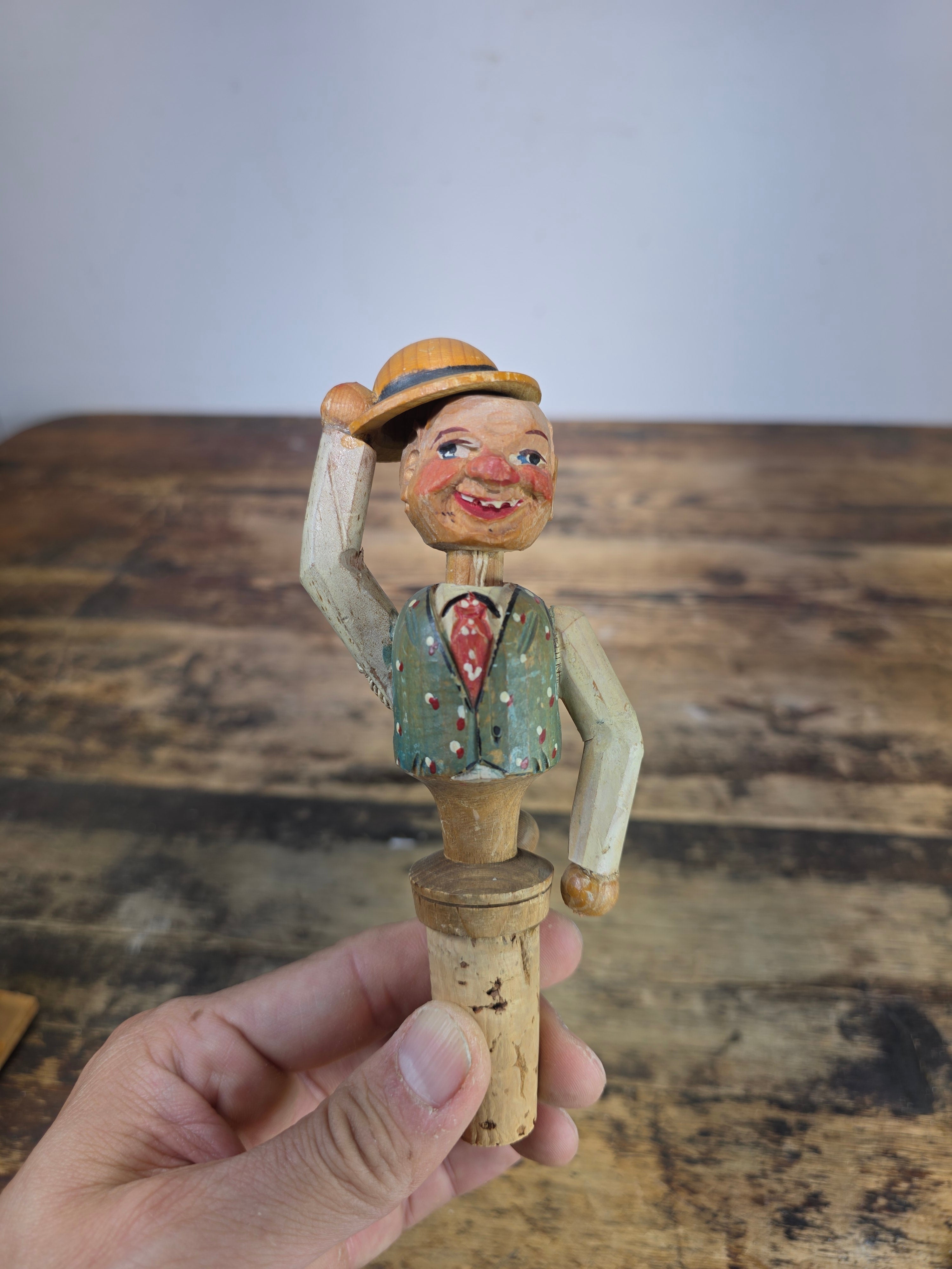 Vintage ANRI Mechanical Bottle Stopper Tipping Hat Bowing Man Wood Carved Italy