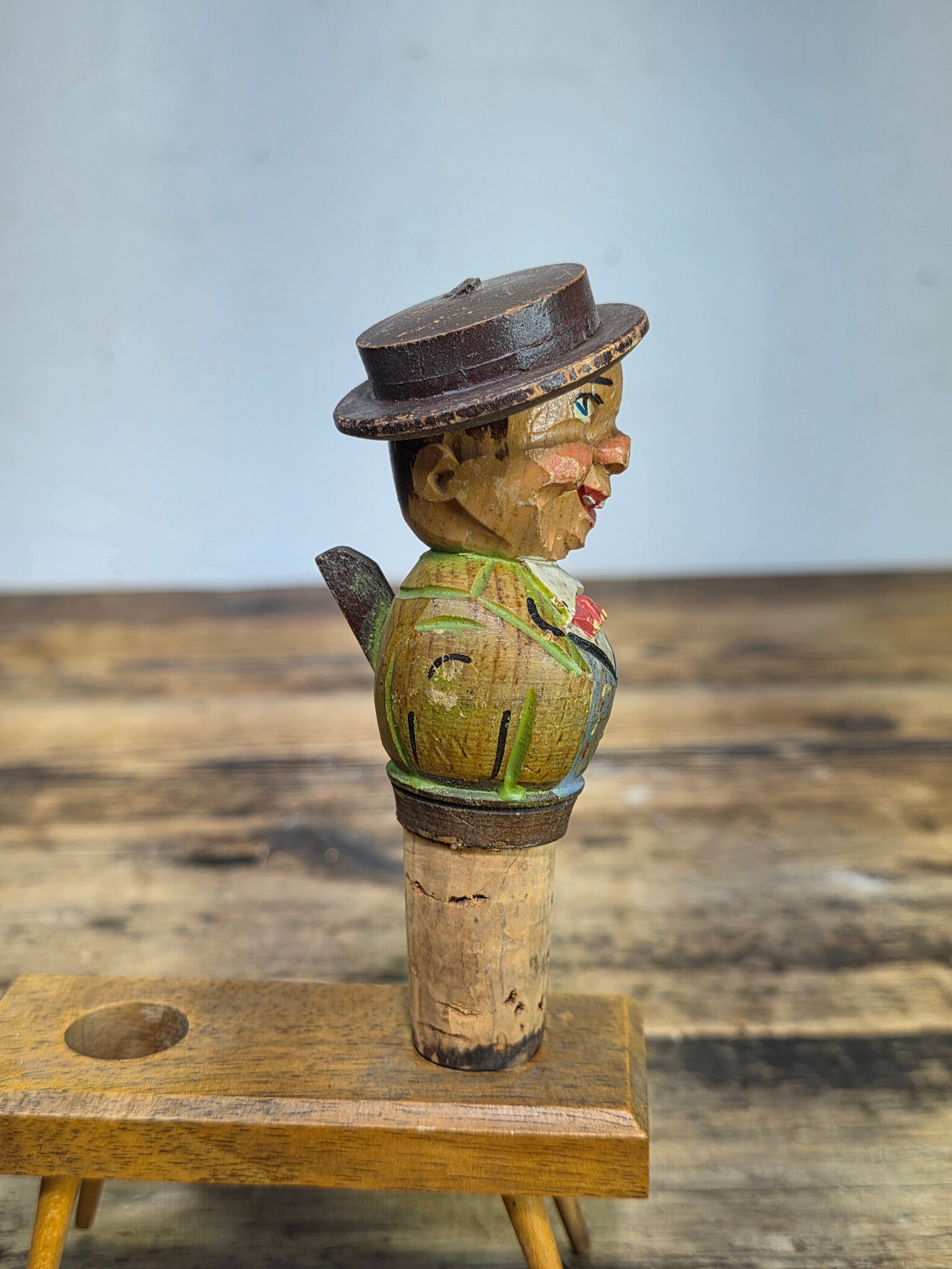Vintage ANRI Wood Carved Mechanical Bottle Stopper Pop Up Hat Boy Hand Painted