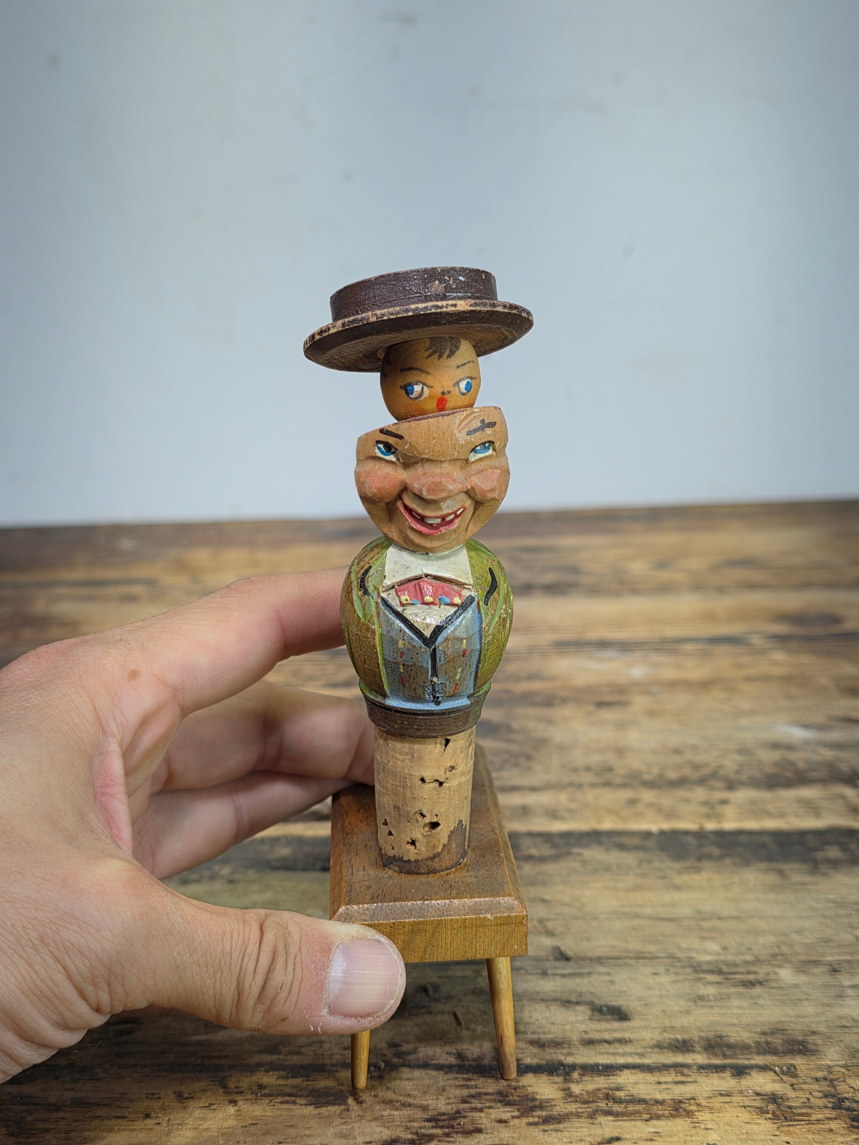 Vintage ANRI Wood Carved Mechanical Bottle Stopper Pop Up Hat Boy Hand Painted