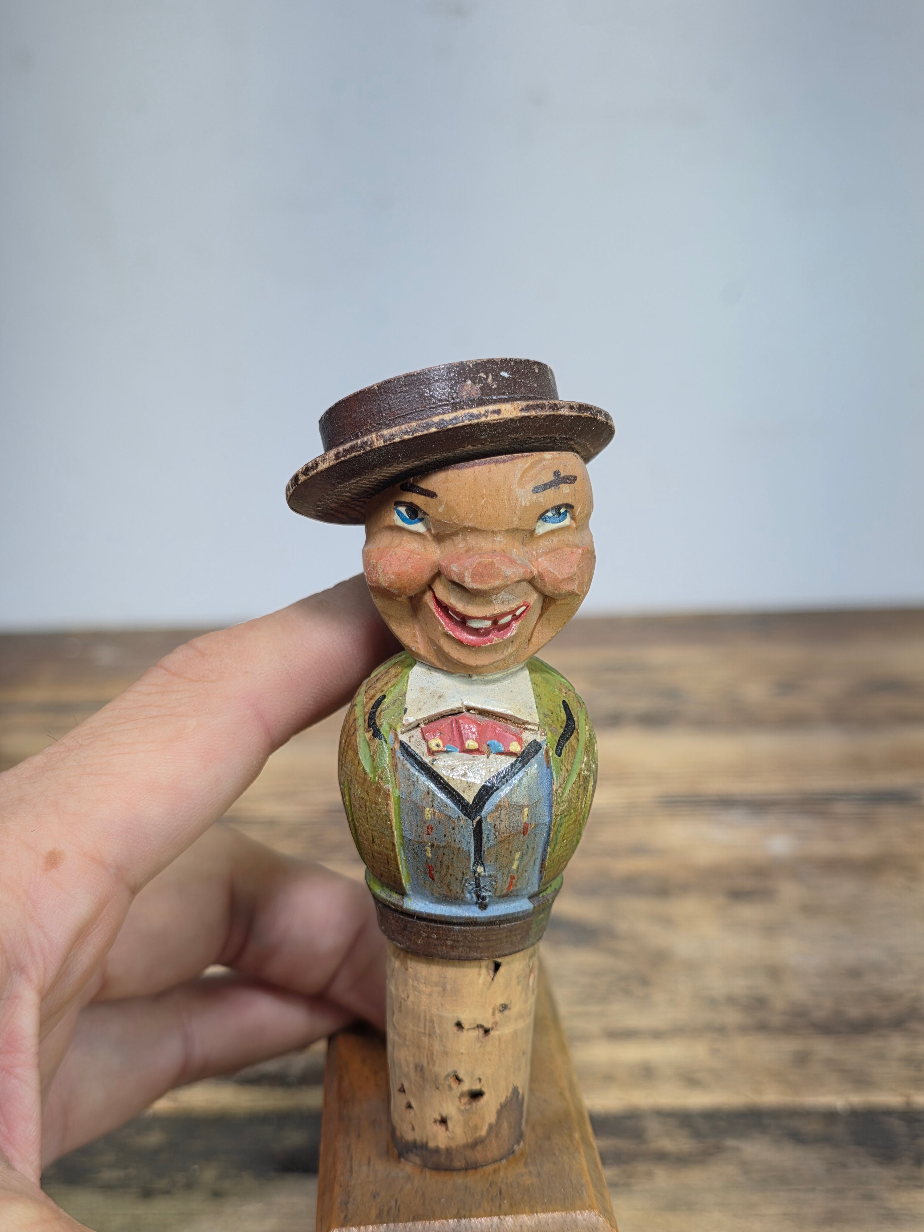 Vintage ANRI Wood Carved Mechanical Bottle Stopper Pop Up Hat Boy Hand Painted