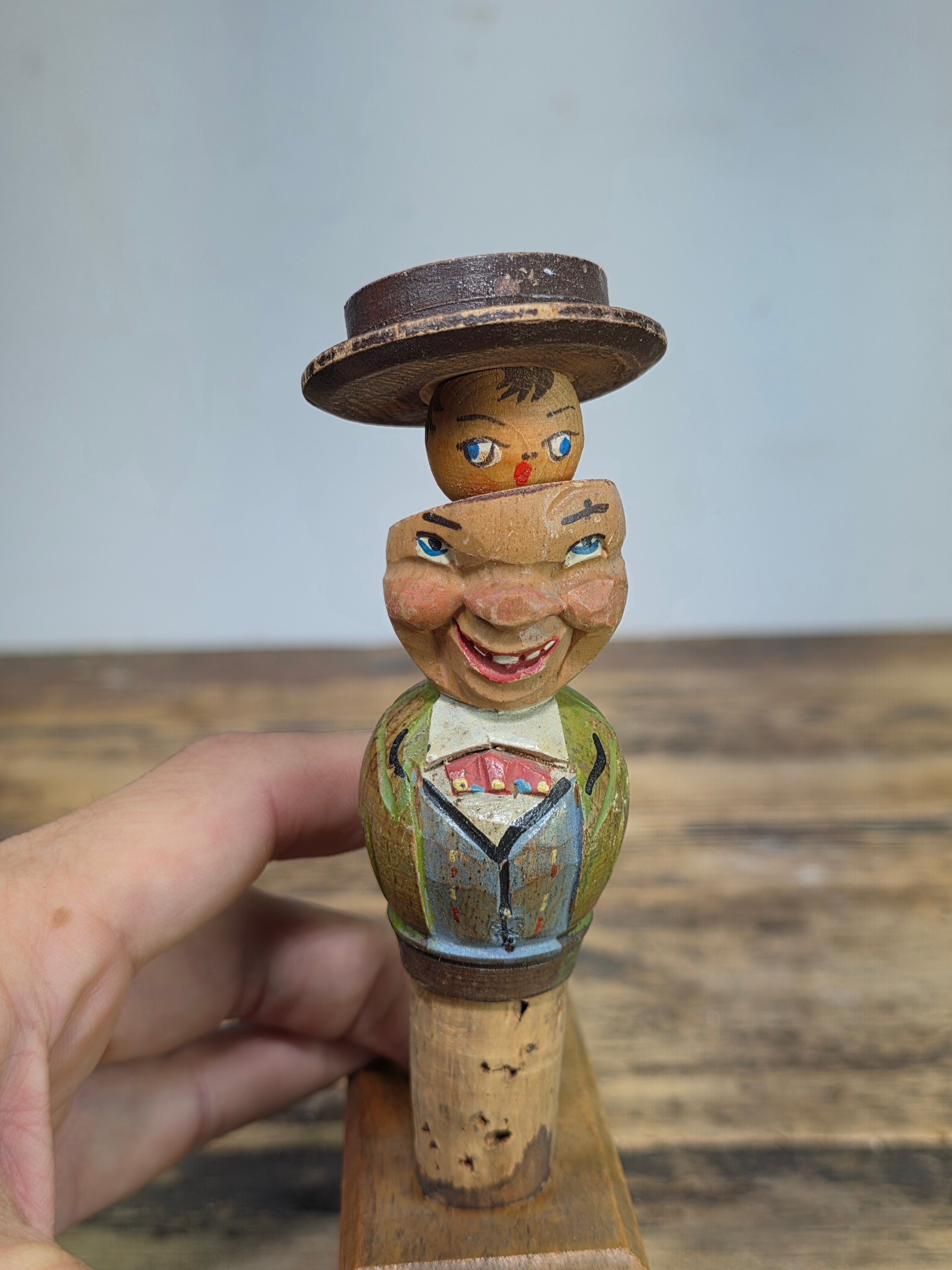 Vintage ANRI Wood Carved Mechanical Bottle Stopper Pop Up Hat Boy Hand Painted