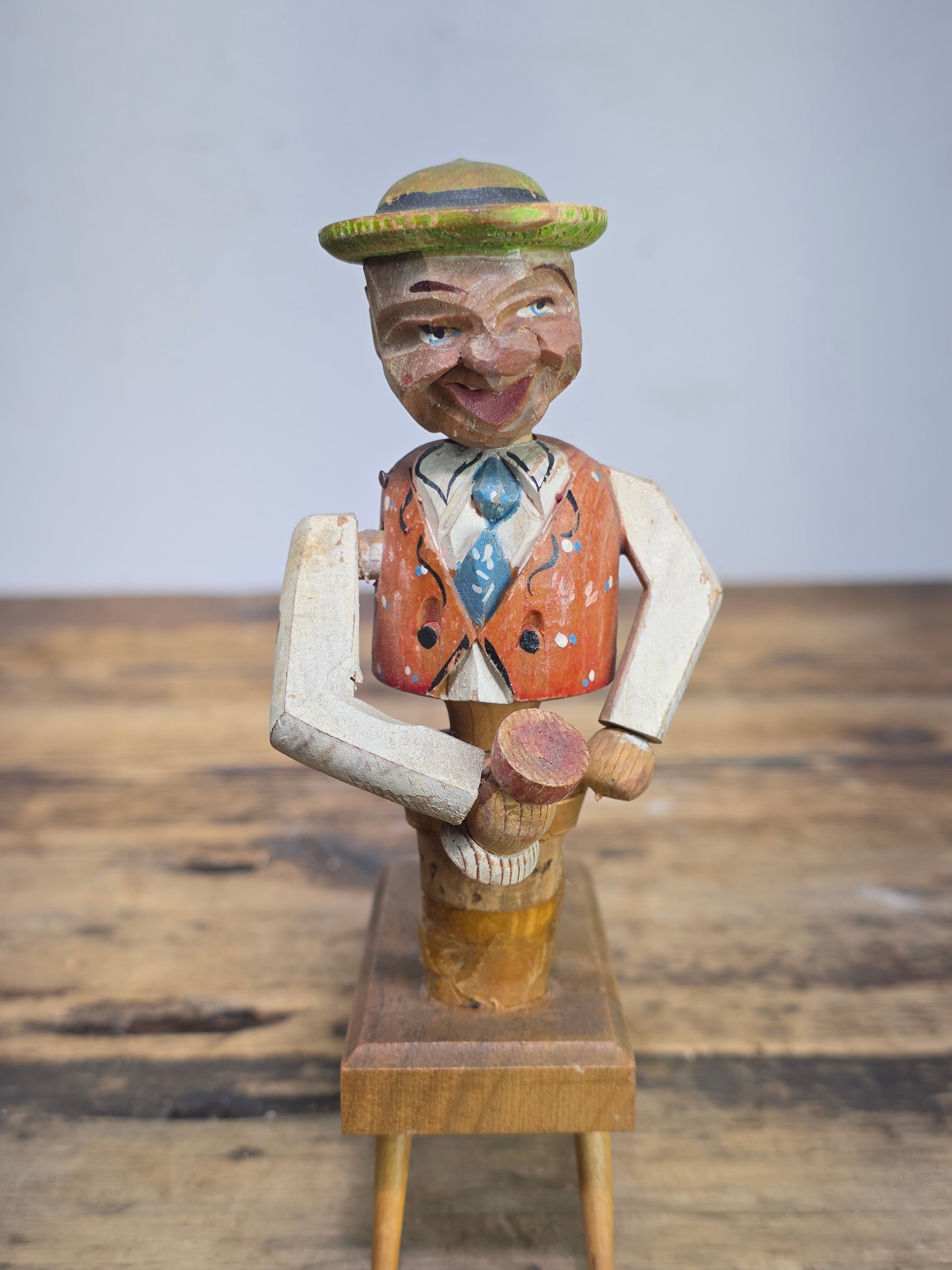 Vintage ANRI Wood Carved Mechanical Bottle Stopper Pop Up Drinking Man