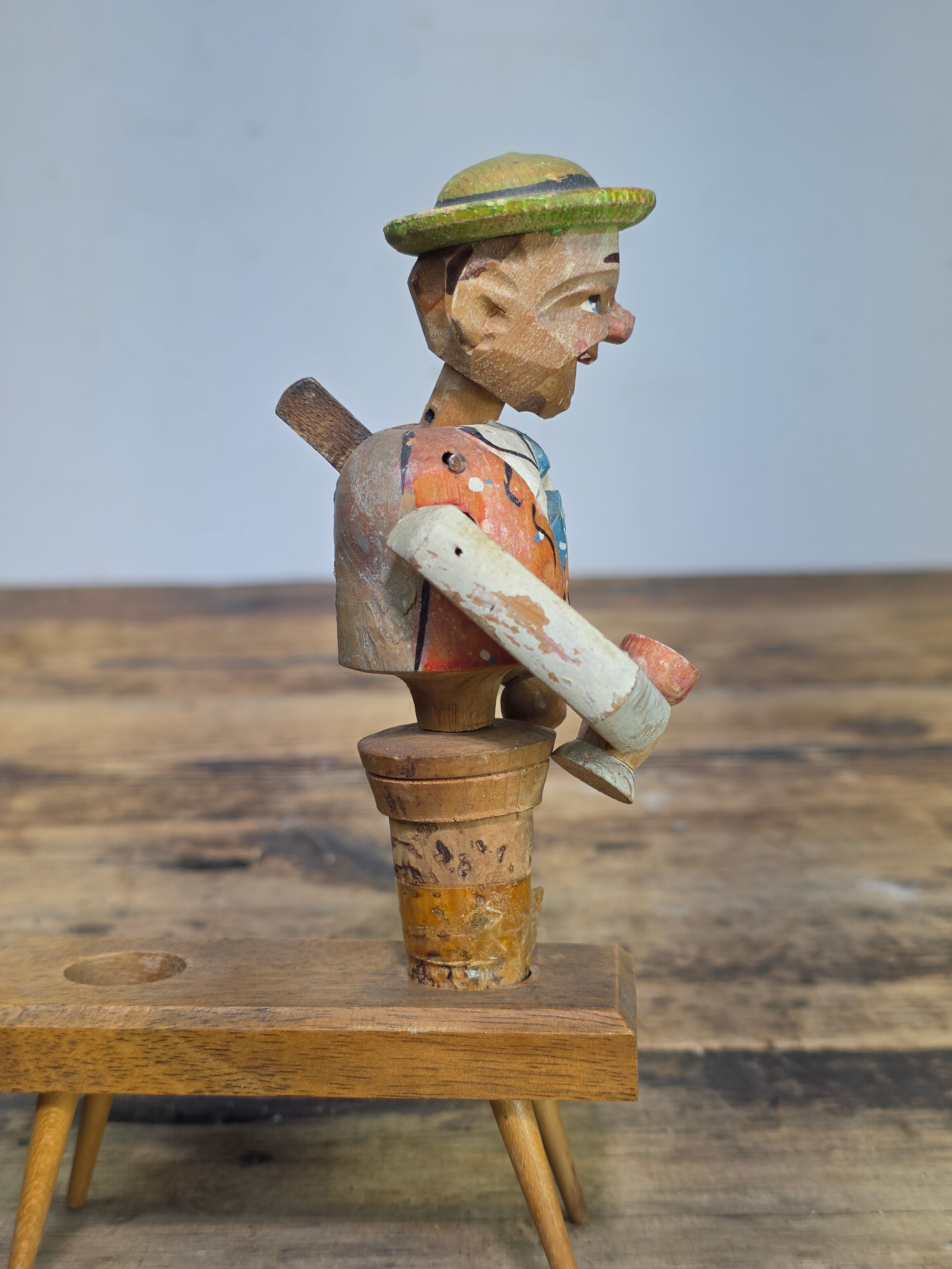 Vintage ANRI Wood Carved Mechanical Bottle Stopper Pop Up Drinking Man