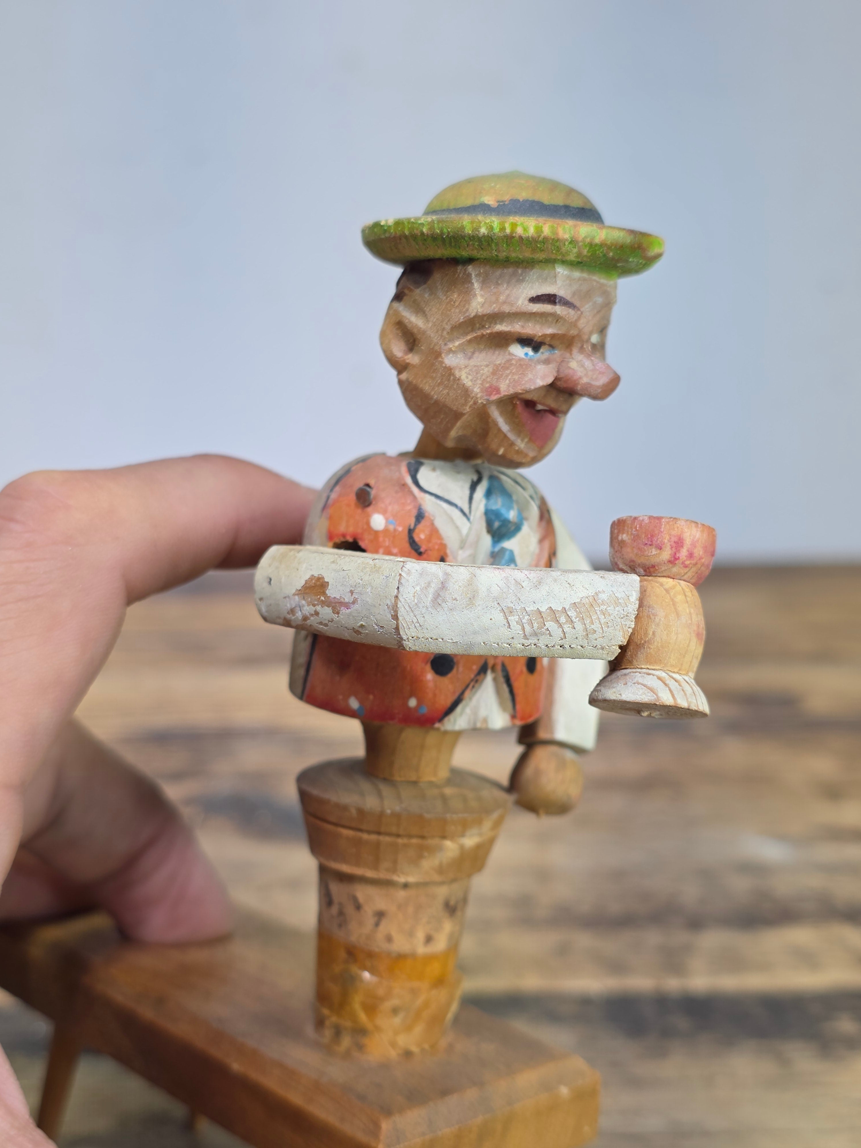Vintage ANRI Wood Carved Mechanical Bottle Stopper Pop Up Drinking Man