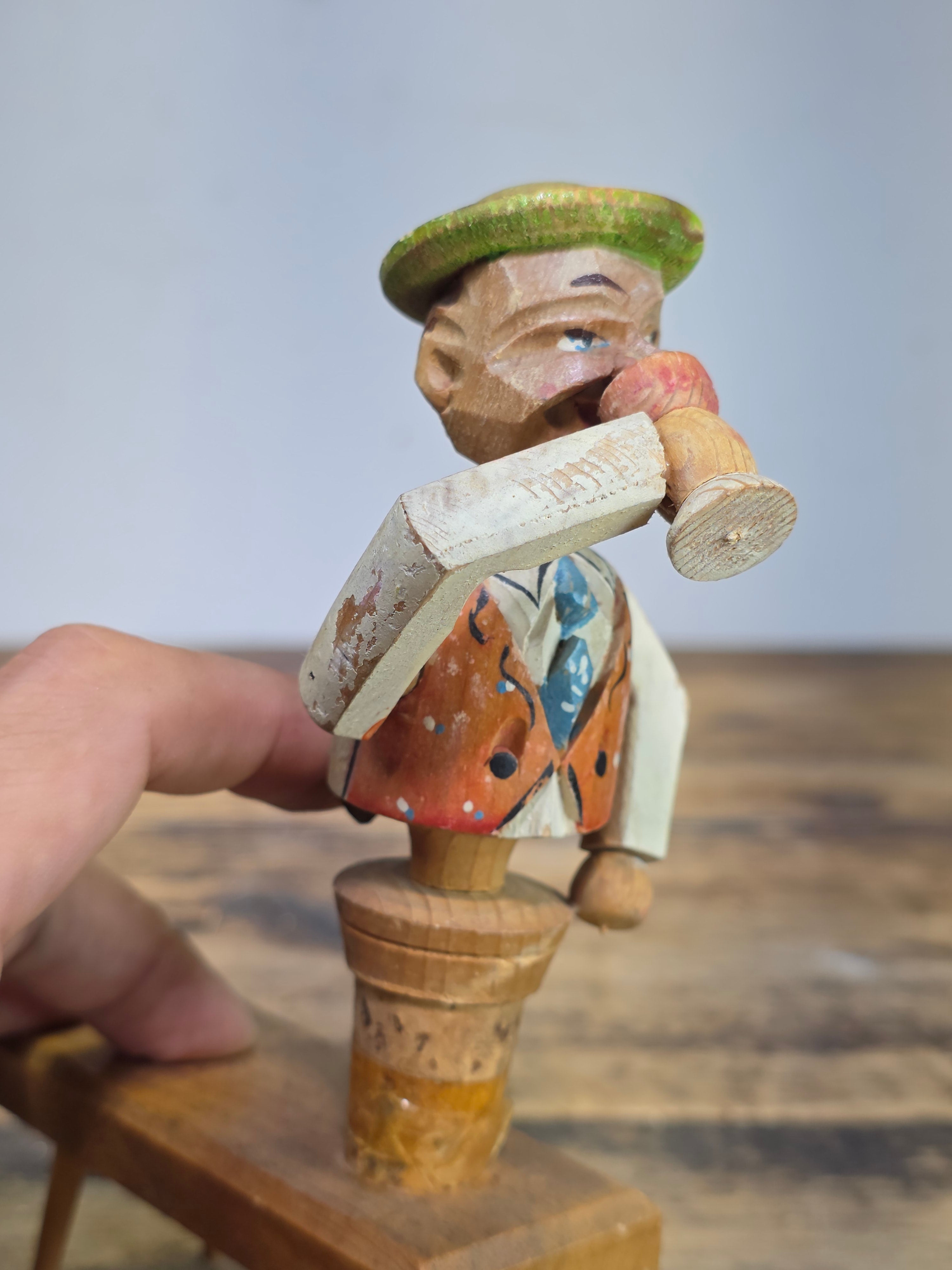 Vintage ANRI Wood Carved Mechanical Bottle Stopper Pop Up Drinking Man