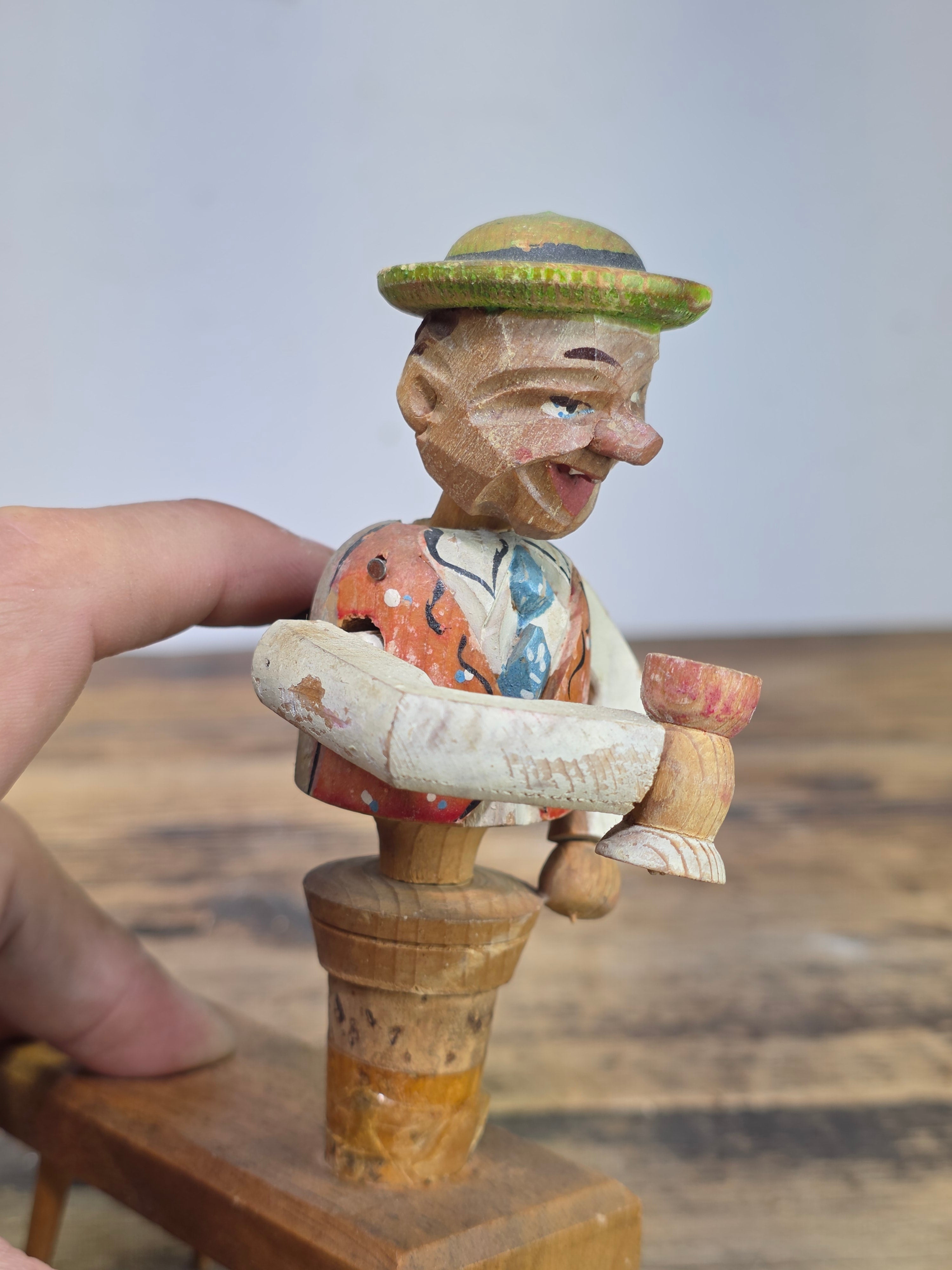 Vintage ANRI Wood Carved Mechanical Bottle Stopper Pop Up Drinking Man