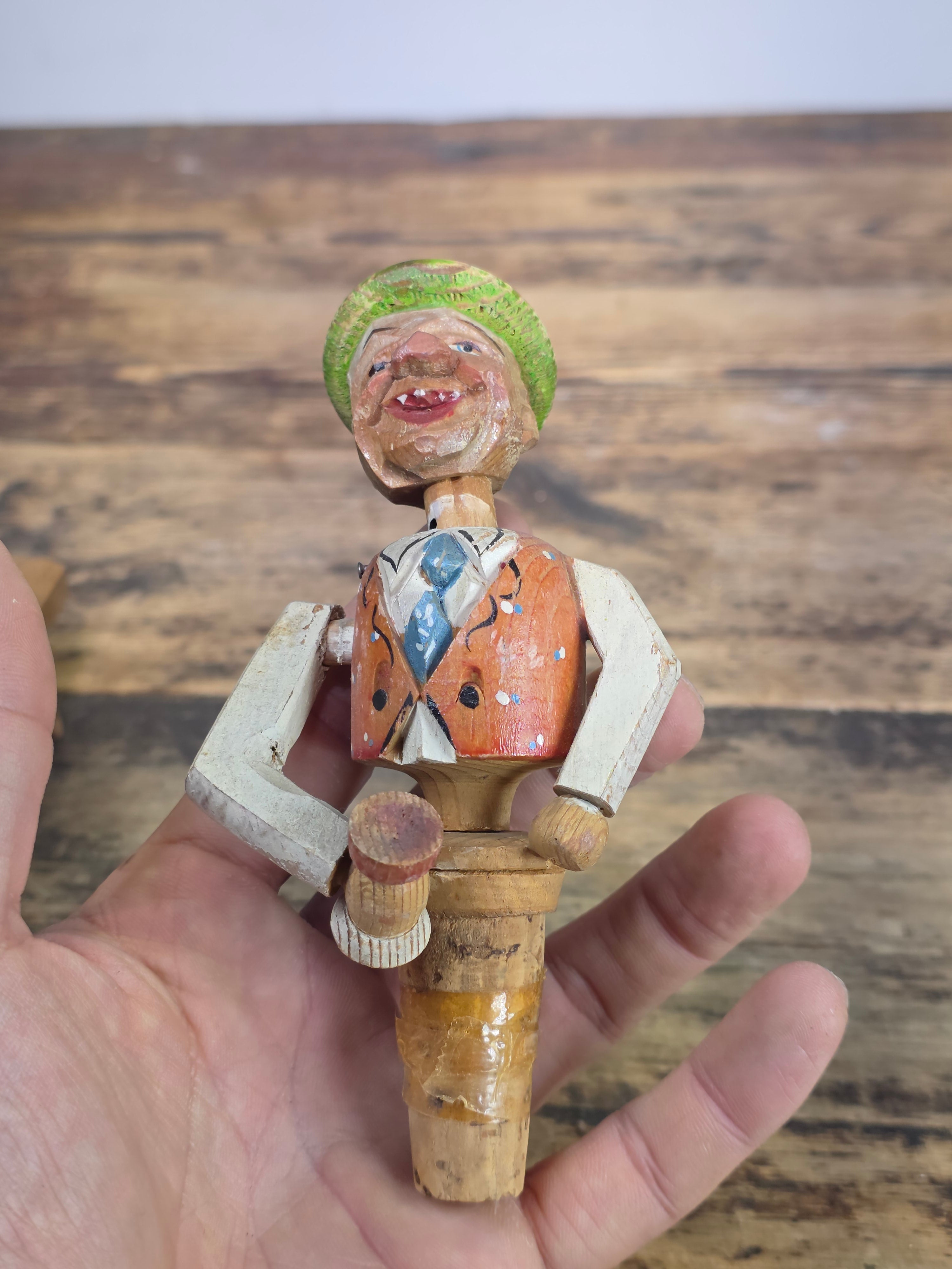 Vintage ANRI Wood Carved Mechanical Bottle Stopper Pop Up Drinking Man
