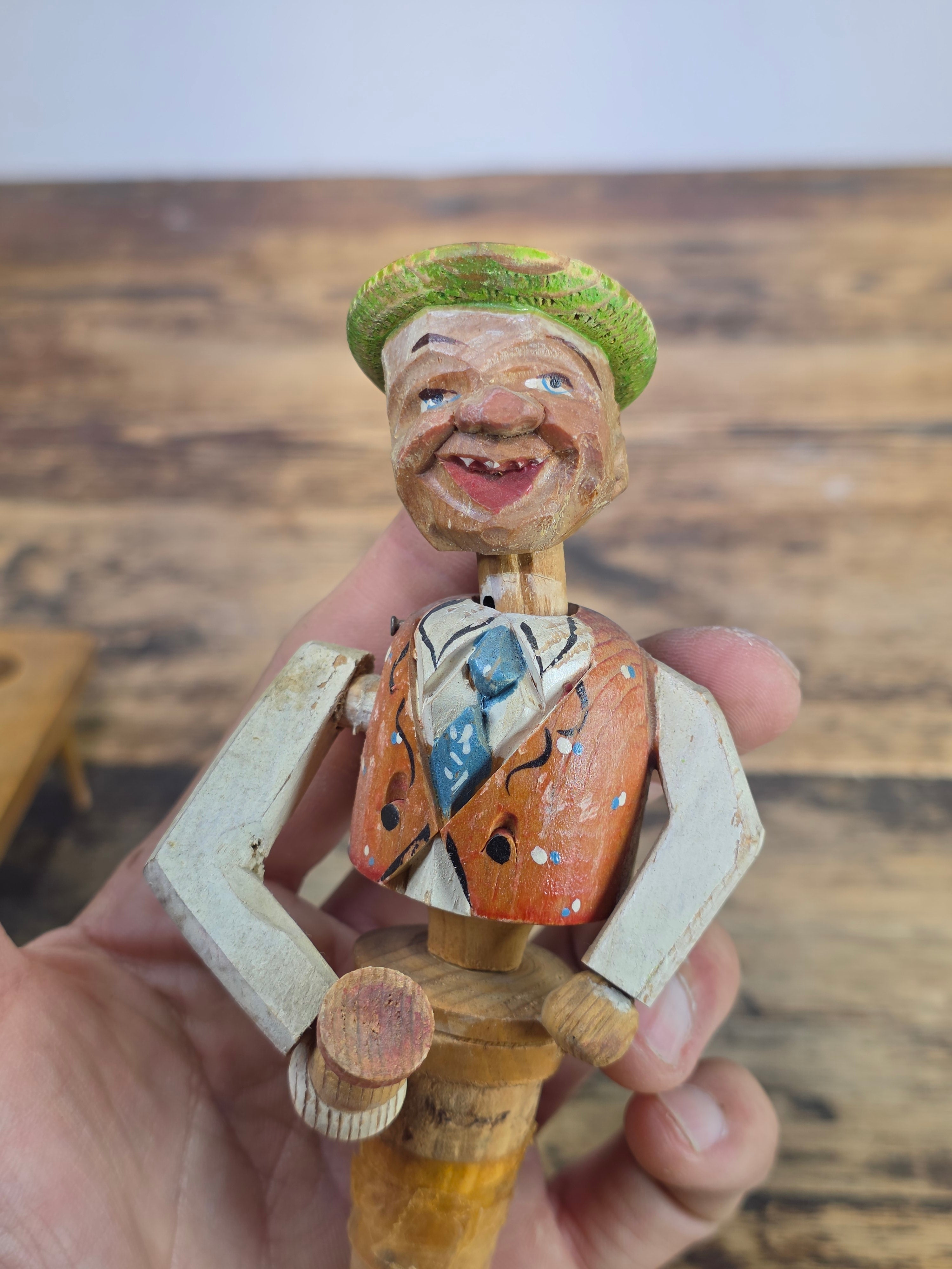Vintage ANRI Wood Carved Mechanical Bottle Stopper Pop Up Drinking Man