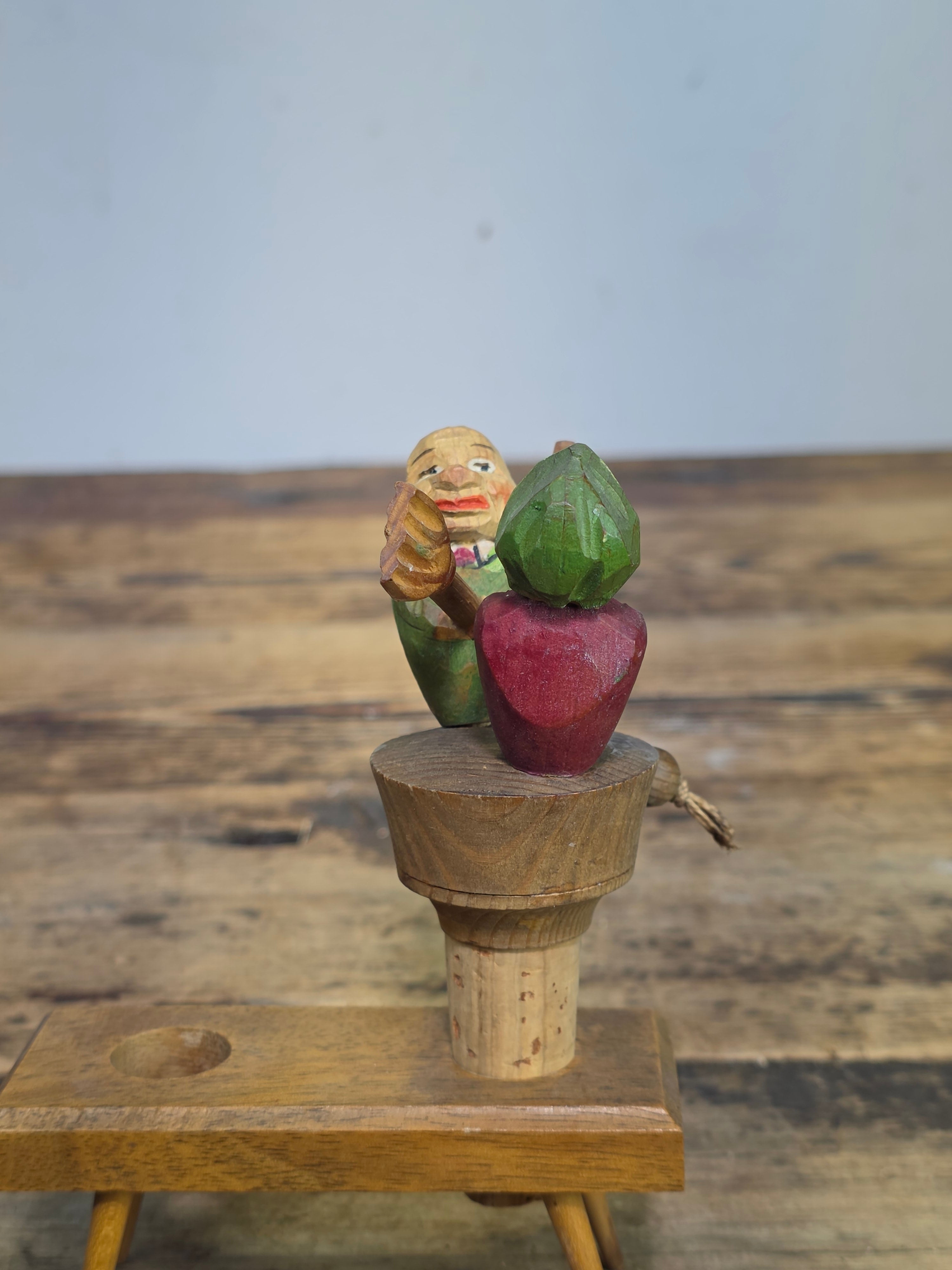 Vintage ANRI Wood Carved Mechanical Bottle Stopper Fighting Couple Brooms