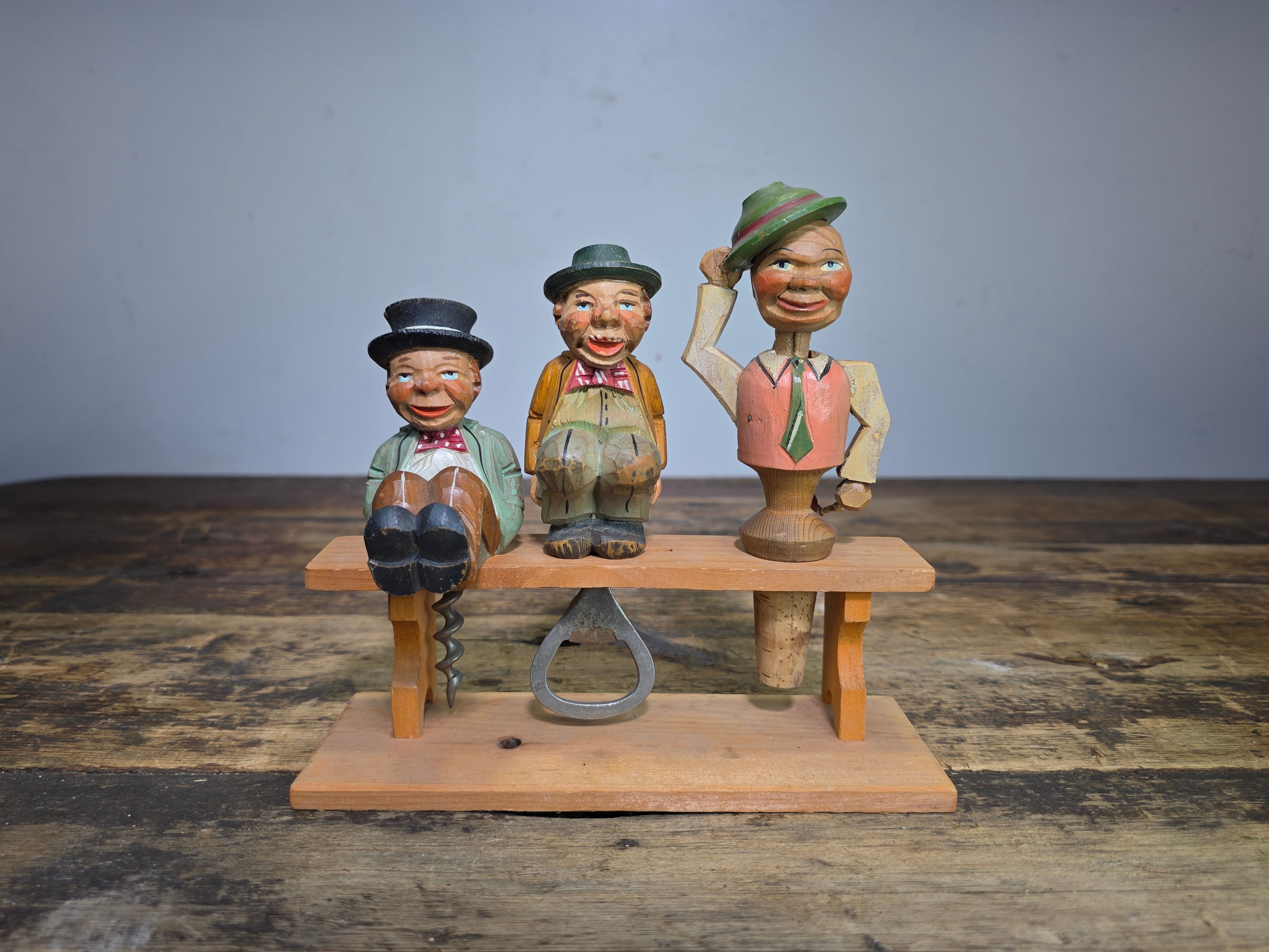 Vintage ANRI Wood Carved Bar Set 4pc Corkscrew Opener Stopper Stand Tyrolean