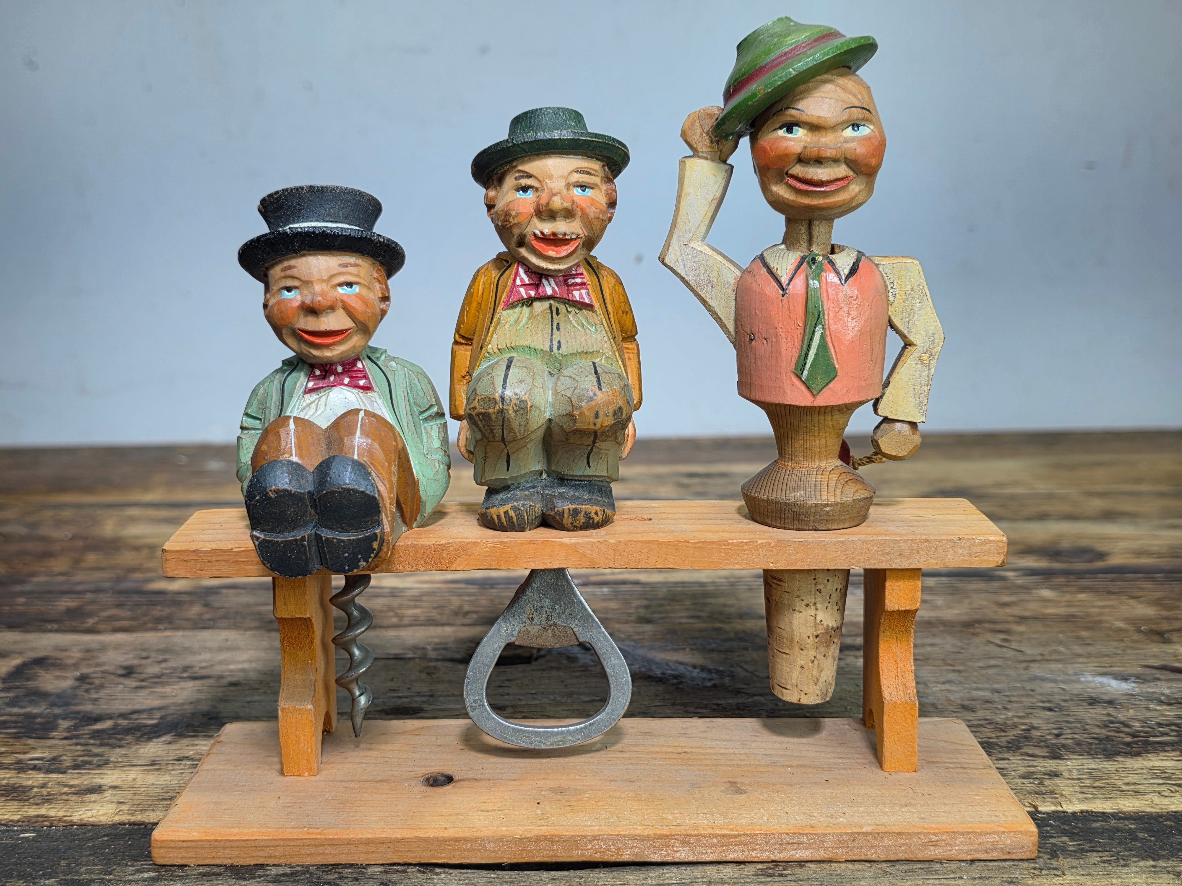 Vintage ANRI Wood Carved Bar Set 4pc Corkscrew Opener Stopper Stand Tyrolean