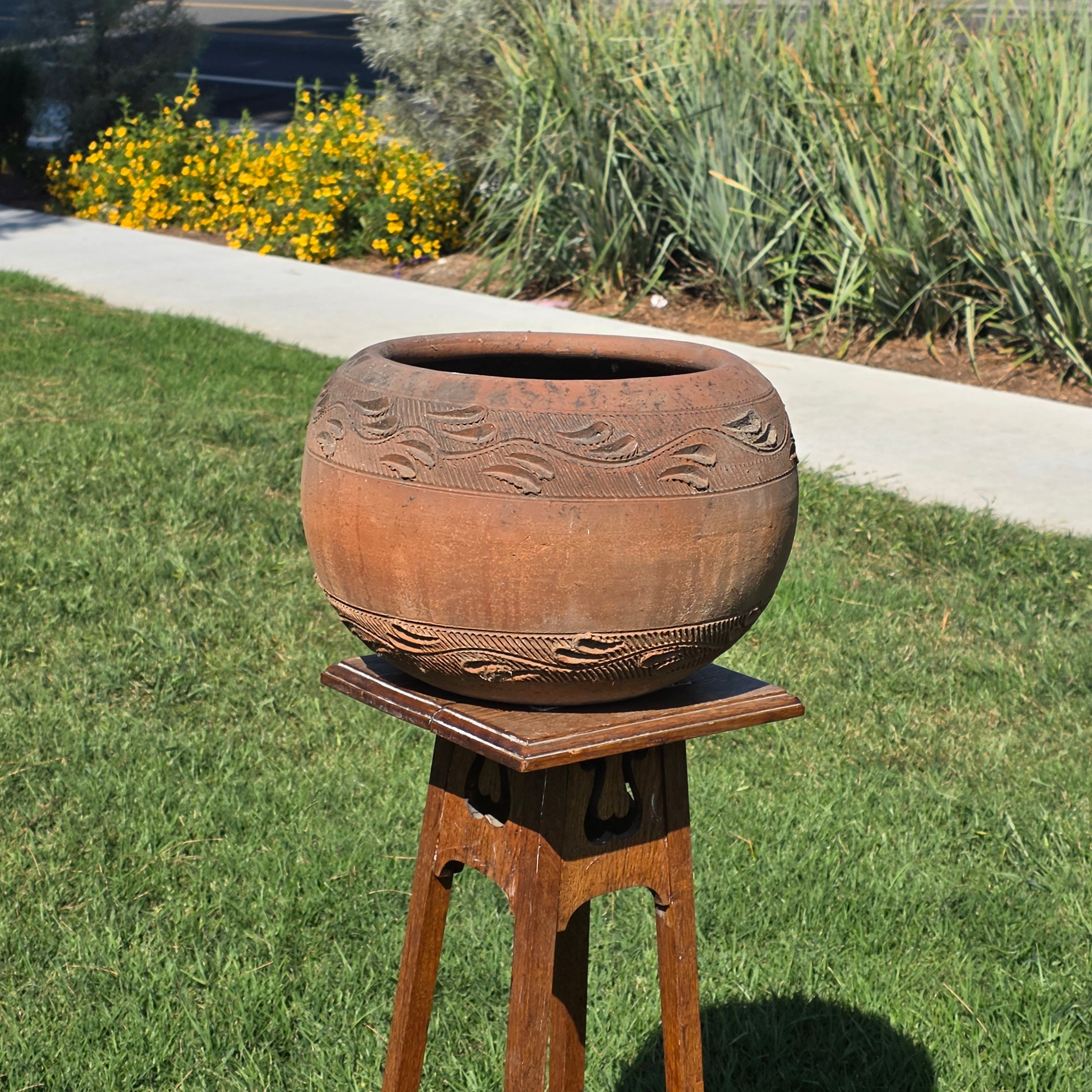 Vintage Mexican Terracotta Planter Large 15" Hand Painted Leaf Clay Pot Garden