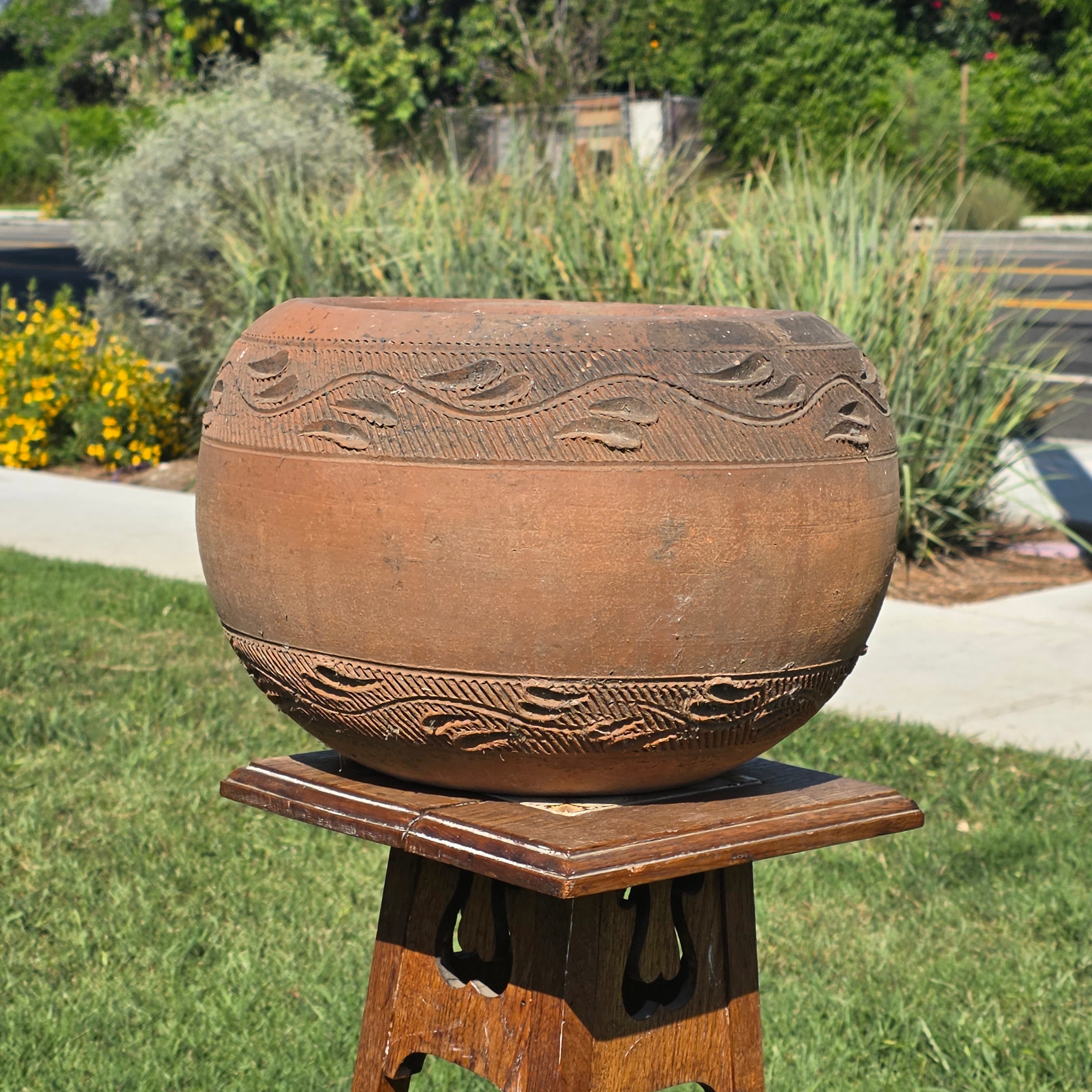 Vintage Mexican Terracotta Planter Large 15" Hand Painted Leaf Clay Pot Garden