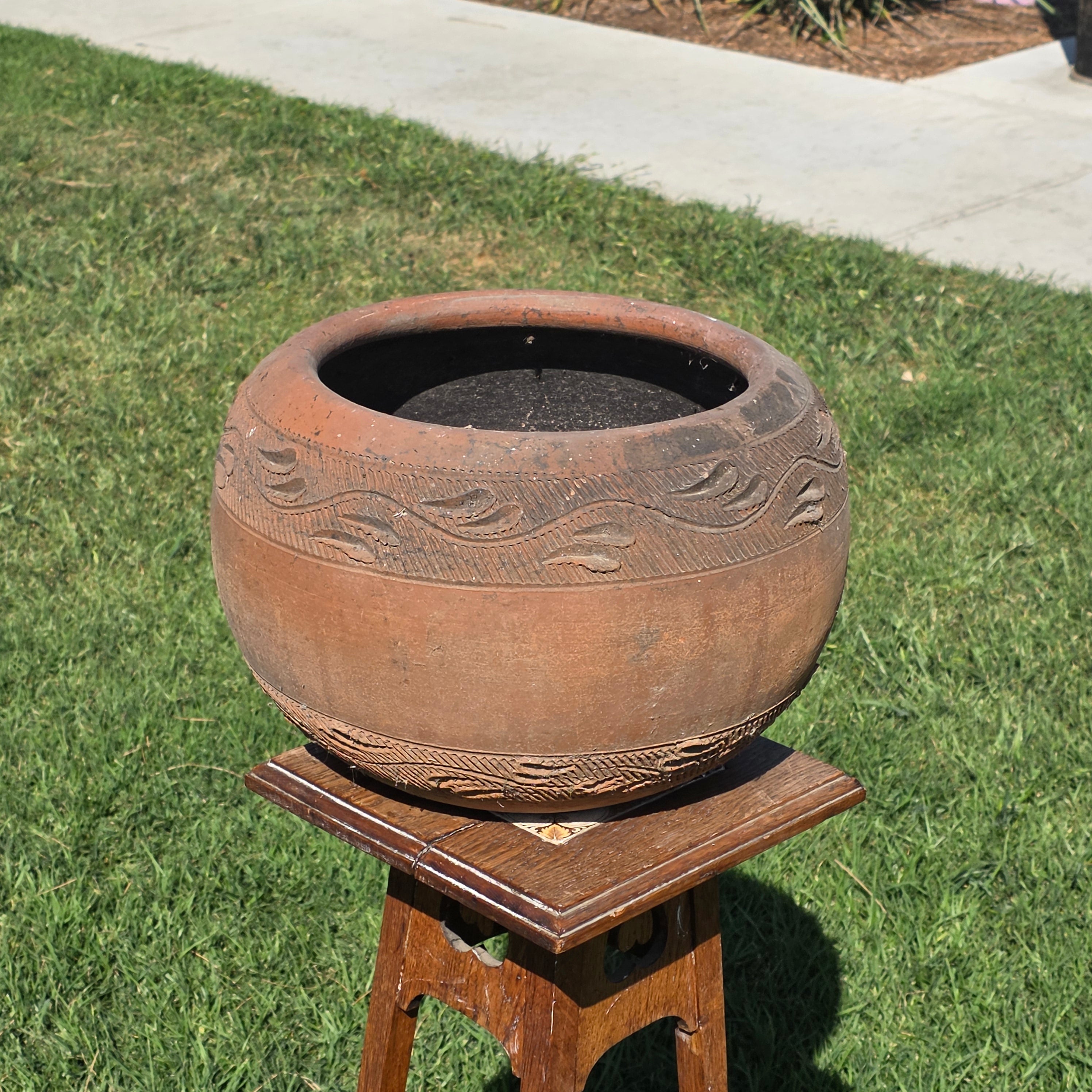 Vintage Mexican Terracotta Planter Large 15" Hand Painted Leaf Clay Pot Garden